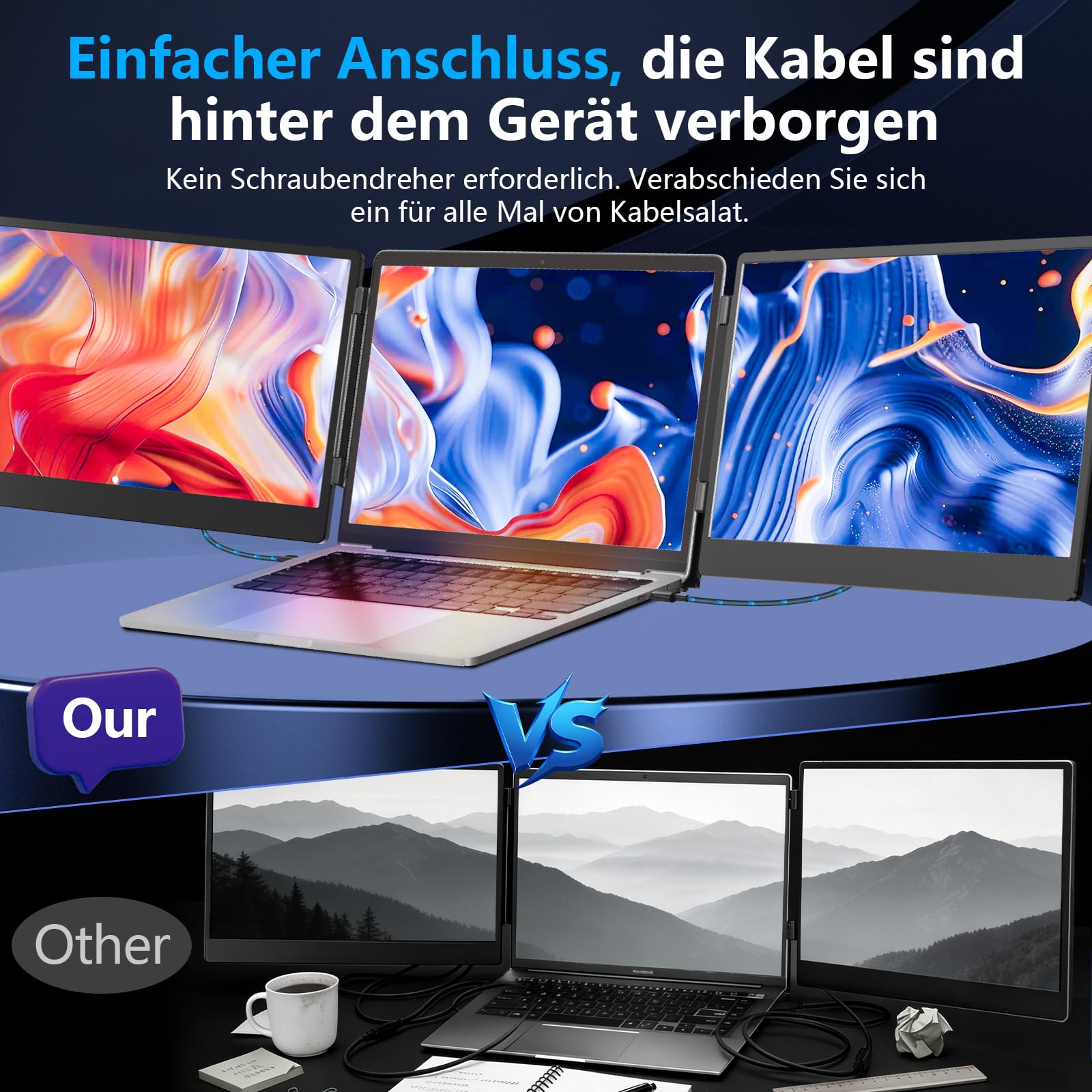 14-Zoll Laptop Bildschirm Erweiterung, 1080P FHD Portable Monitor Laptop | Laptop Monitor Erweiterung mit Lautsprechern, Triple Tragbarer Monitor Plug & Play für Mac, Windows, Android