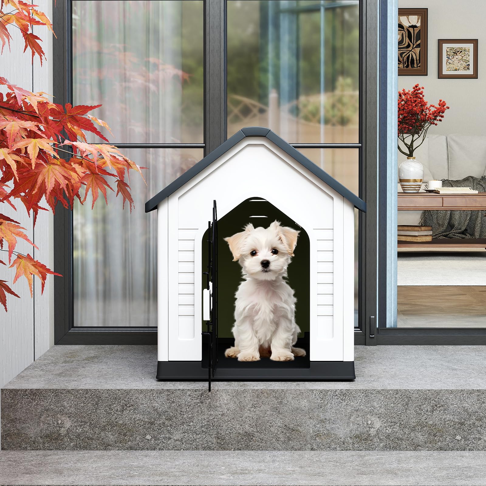 GOPLUS Caseta de Perro de Plástico, Casa para Perros con Puerta de Malla Bloqueable y Piso Elevado, Ventilación, Techo Inclinado, Perrera para Interior y Exterior para Mascotas (Gris)
