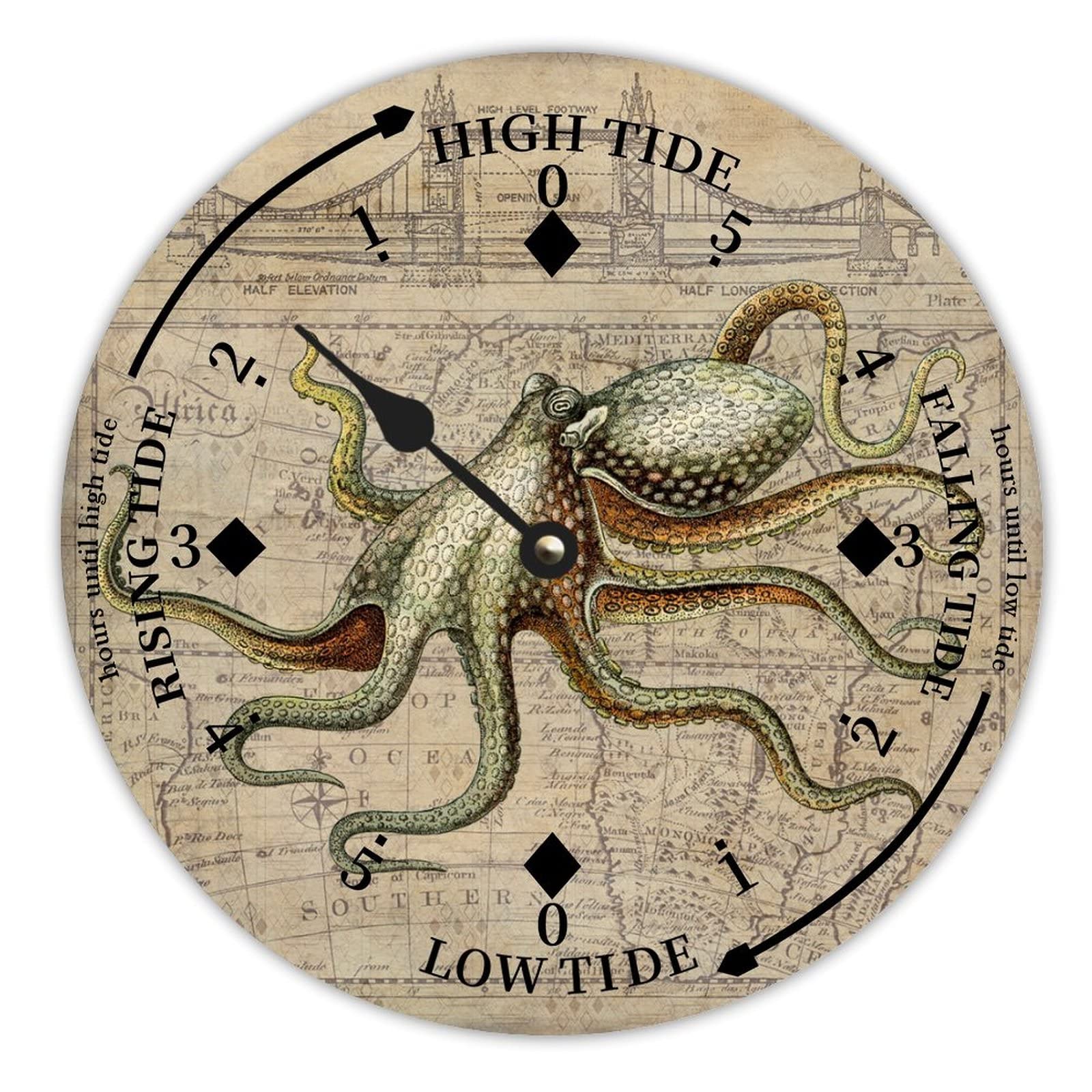 LUIJORGY Retro Ocean Octopus Tide Clock Silent Non-Ticking Battery Operated Wooden Moon Tidal Clock Wood Wall Art Nautical Tide Movement Clock for Restaurant Living Room Home Decor 10 Inch