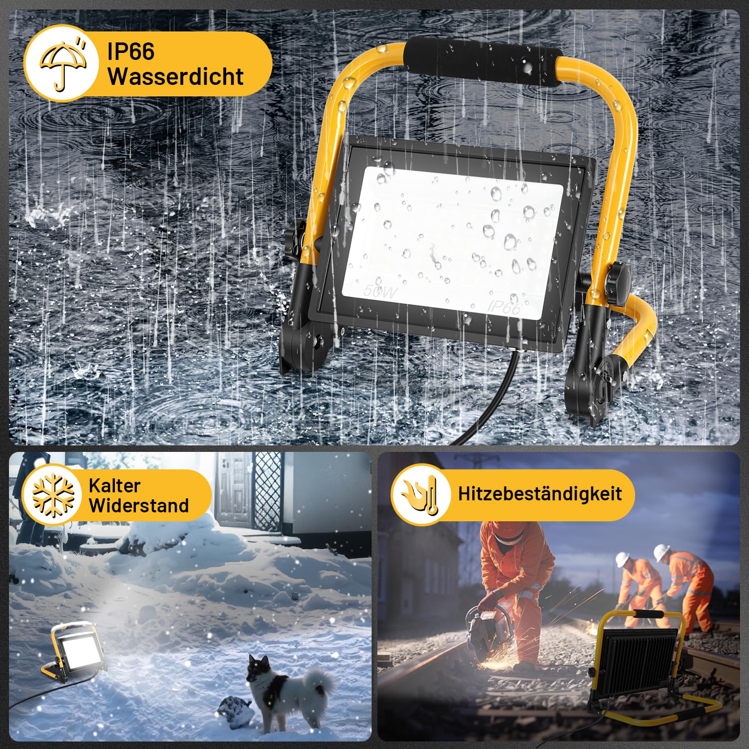 1 x reflektor budowlany LED, 100 W, 8000 lm, IP66, kabel 3 m, lampa