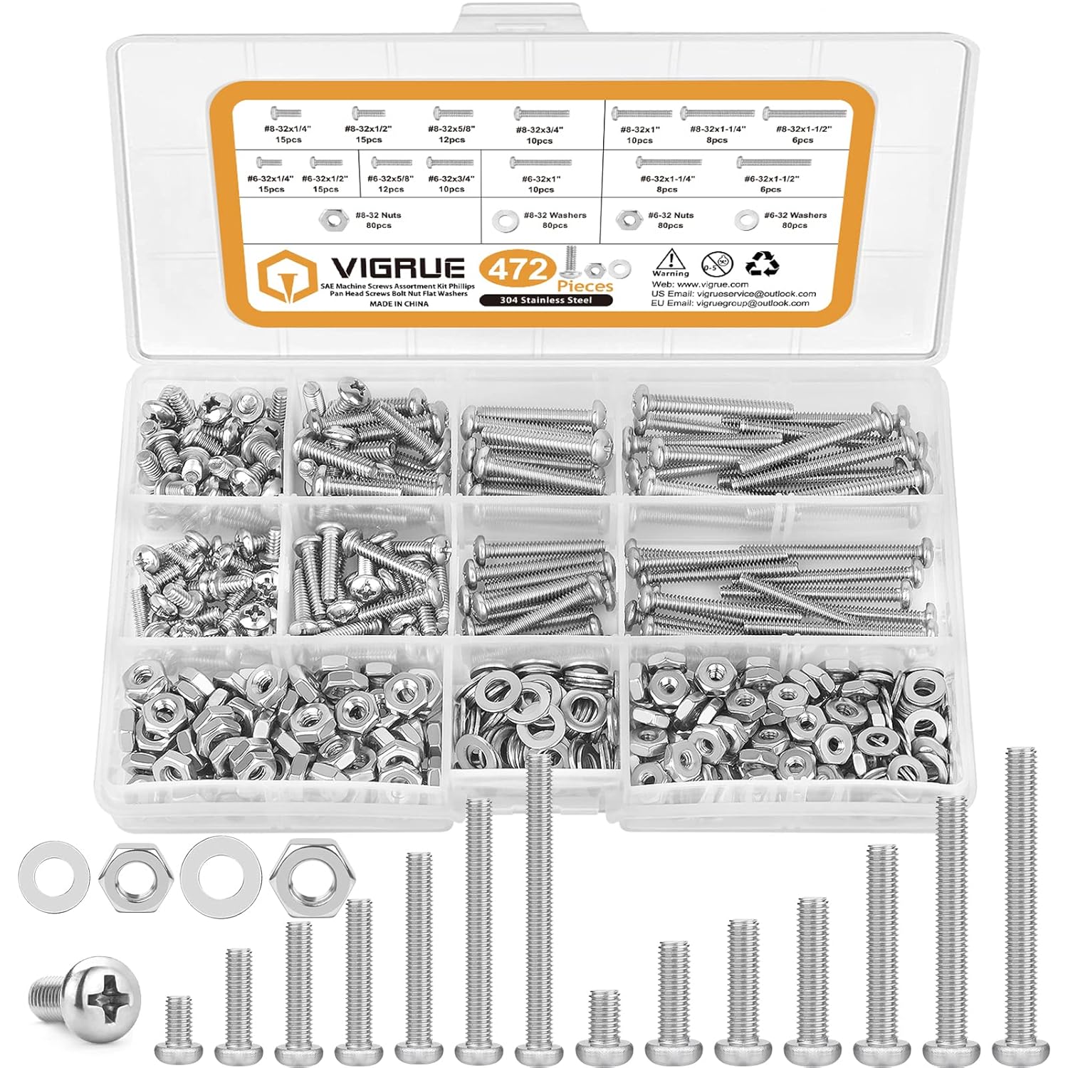 VIGRUE 6328321024 Phillips Pan Head Screws Bolt Nut Flat Washers