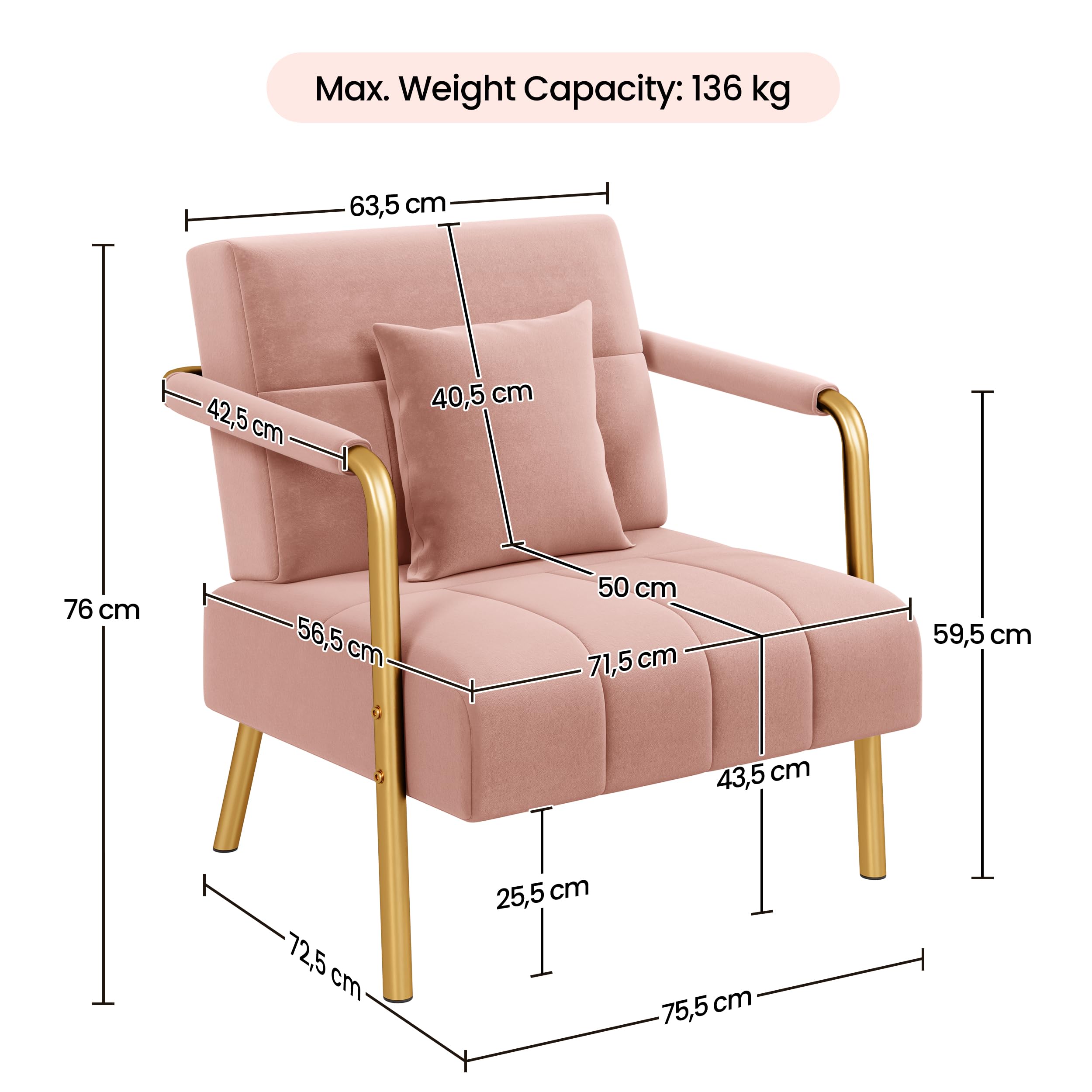 Yaheetech Sessel Samtiger Loungesessel, Polstersessel mit Metallbeinen, Einzelsessel 71,5 cm Breite, Relaxsessel für Wohnzimmer/Heimbüro Rosa