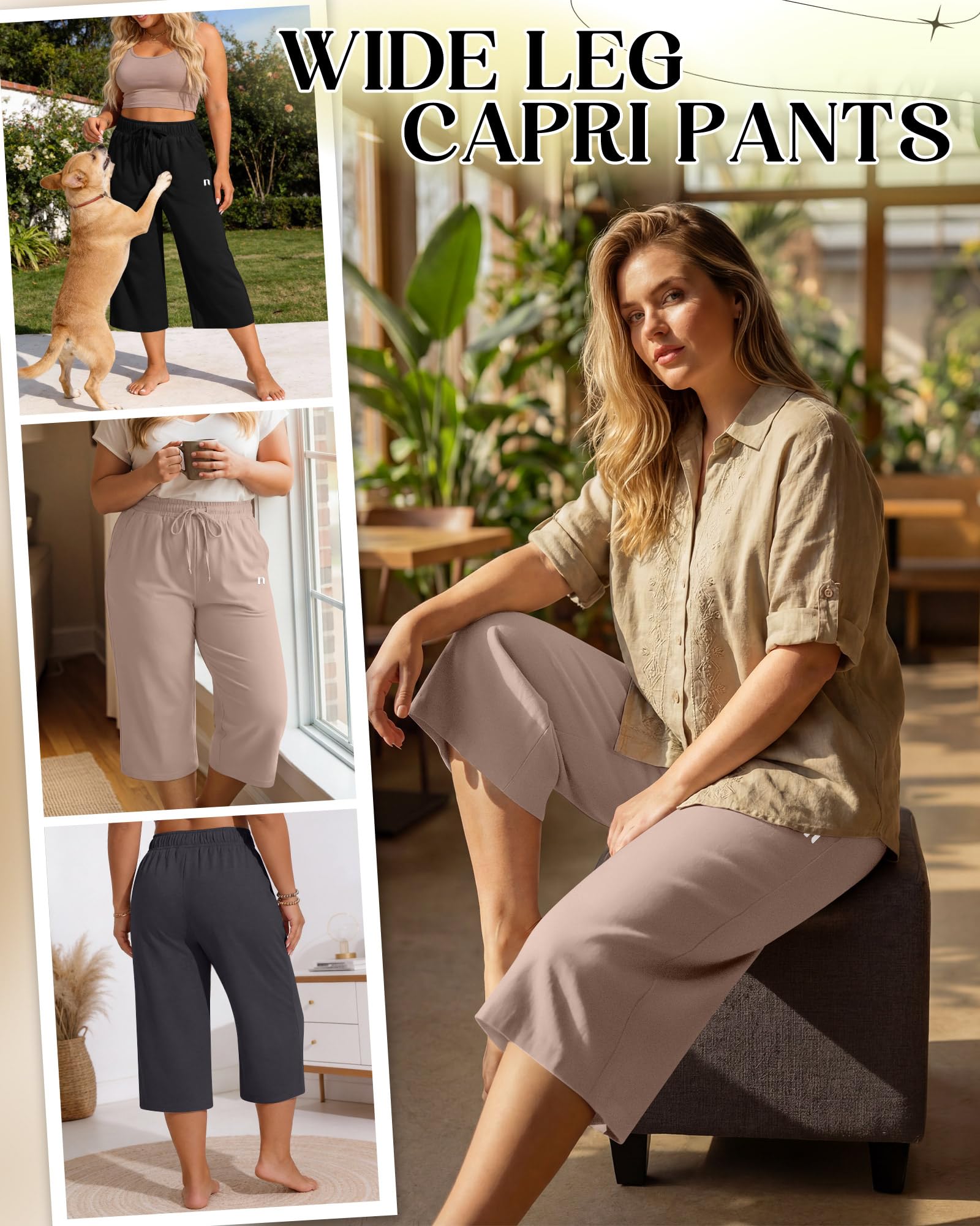 Neer Lot de 3 Pantalons Capri décontractés pour Femme avec Cordon de | Pantalon de survêtement ample décontracté avec cordon de serrage et taille élastique pour femme