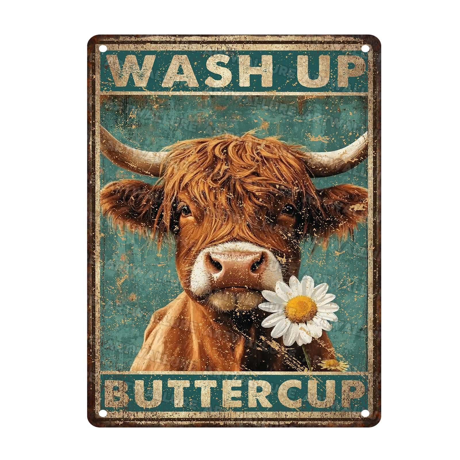 Retro Funny Cow Bathroom Sign Wash Up Buttercup Vintage Highland Cow Metal Tin Poster Wall Art for Toilet or Country Home Decor 12x16Inch