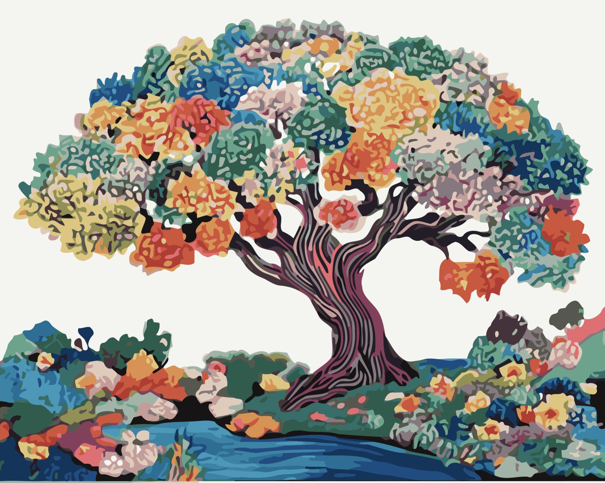 Gofission Paint by Numbers Colourful Tree, 16x20 inch Canvas DIY Number Painting Kits No Frame (Tree)