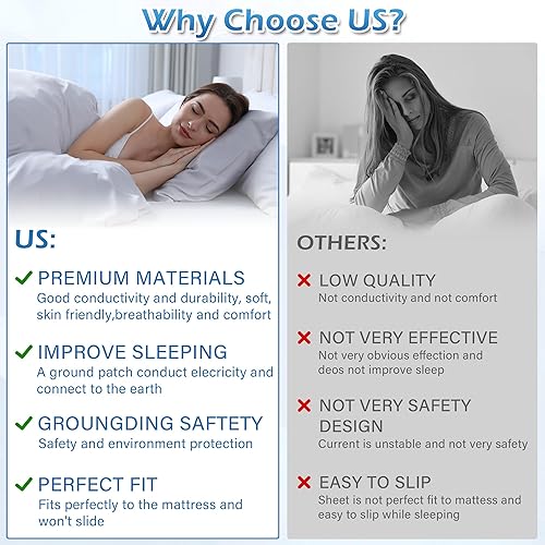 Miniatura 5 de Grounding - Sábana bajera ajustable tamaño Queen, con 5% fibra de plata pura + 95% algodón orgánico, juego de sábanas conductoras de tierra con
