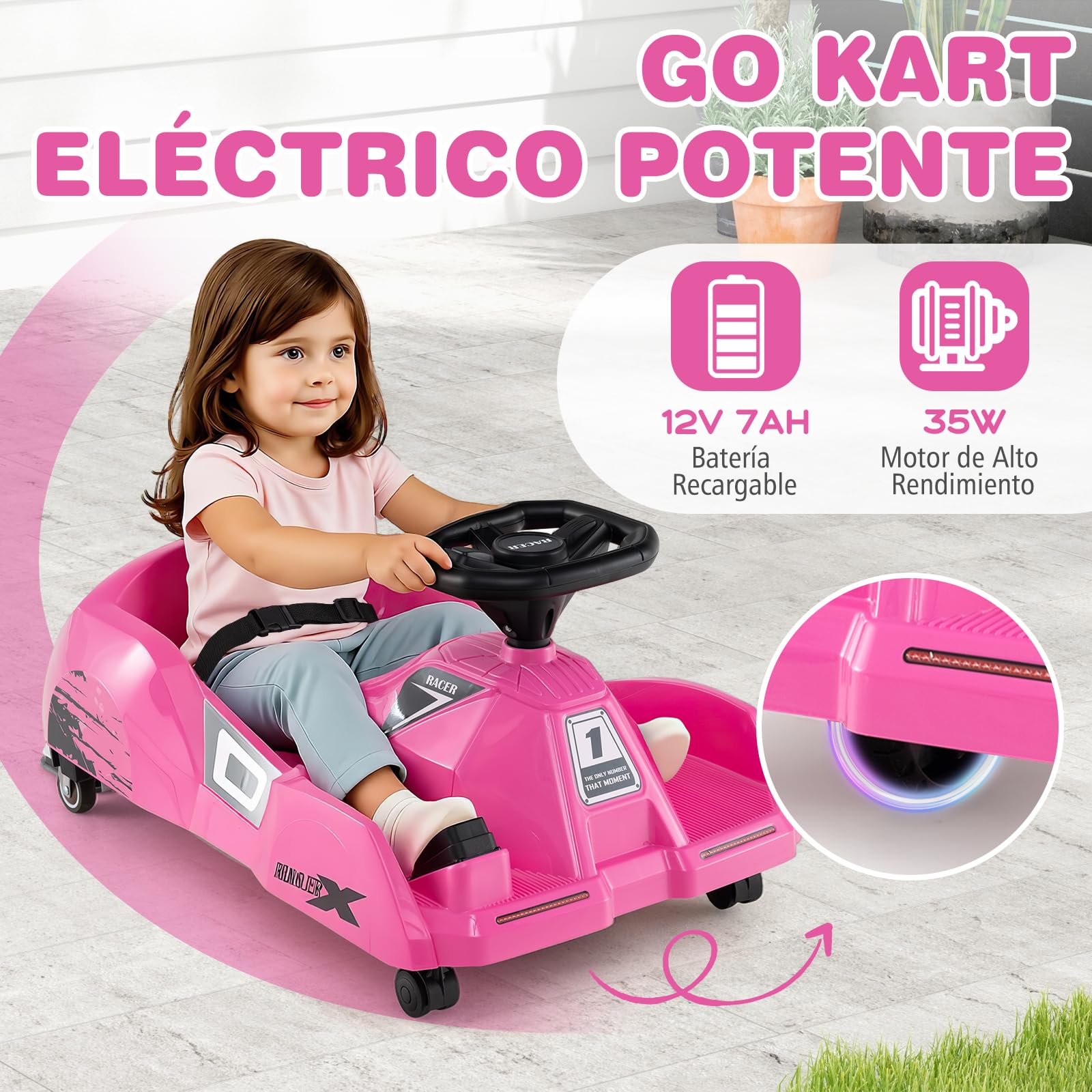 GOPLUS Go Kart Coche Eléctrico 12V Infantil, Kart Eléctrico con Pedal, Fregona Desmontable, Control Remoto, Conexión Inalámbrica, Música, 3 Velocidades, Coche de Juguete para Niños de 2-5 Años (Rosa)