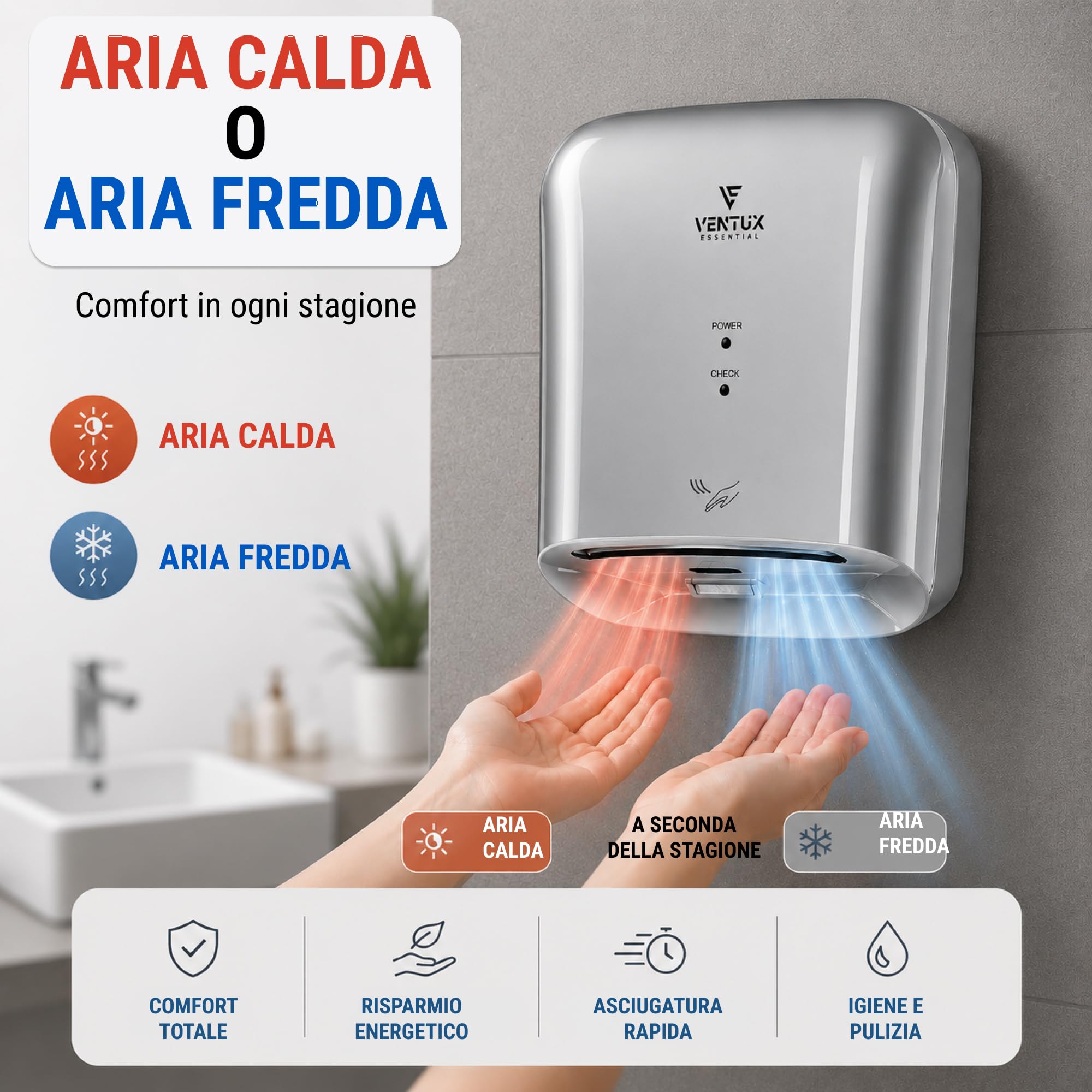 Sèche-mains électrique blanc mural – automatique à photocellule IP24 | Démarre seul par cellule – Plus de papier à jeter – Sanitaires publics et bureaux