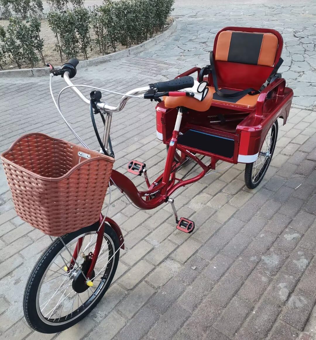 Elderly Pedal Bicycle Rickshaw Scooter trikes with Shock Absorber Front Fork,Passenger and Cargo Dual-use Tricycle,Foldable Rear Passenger seat,Rear Cabin (Wine red B 20 in)