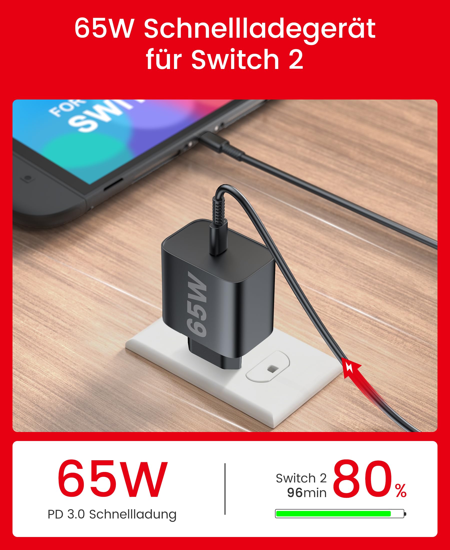 HELLCOOL 65W Switch 2-Netzteil mit 6,6ft (2m) Ladekabel – GaN 3.0 AC Adapter Ladegerät für Nintendo Switch 2/OLED/Lite, Steam Deck, ROG Ally – Unterstützt 4K TV Docking Modus – PD3.0 Schnellladung
