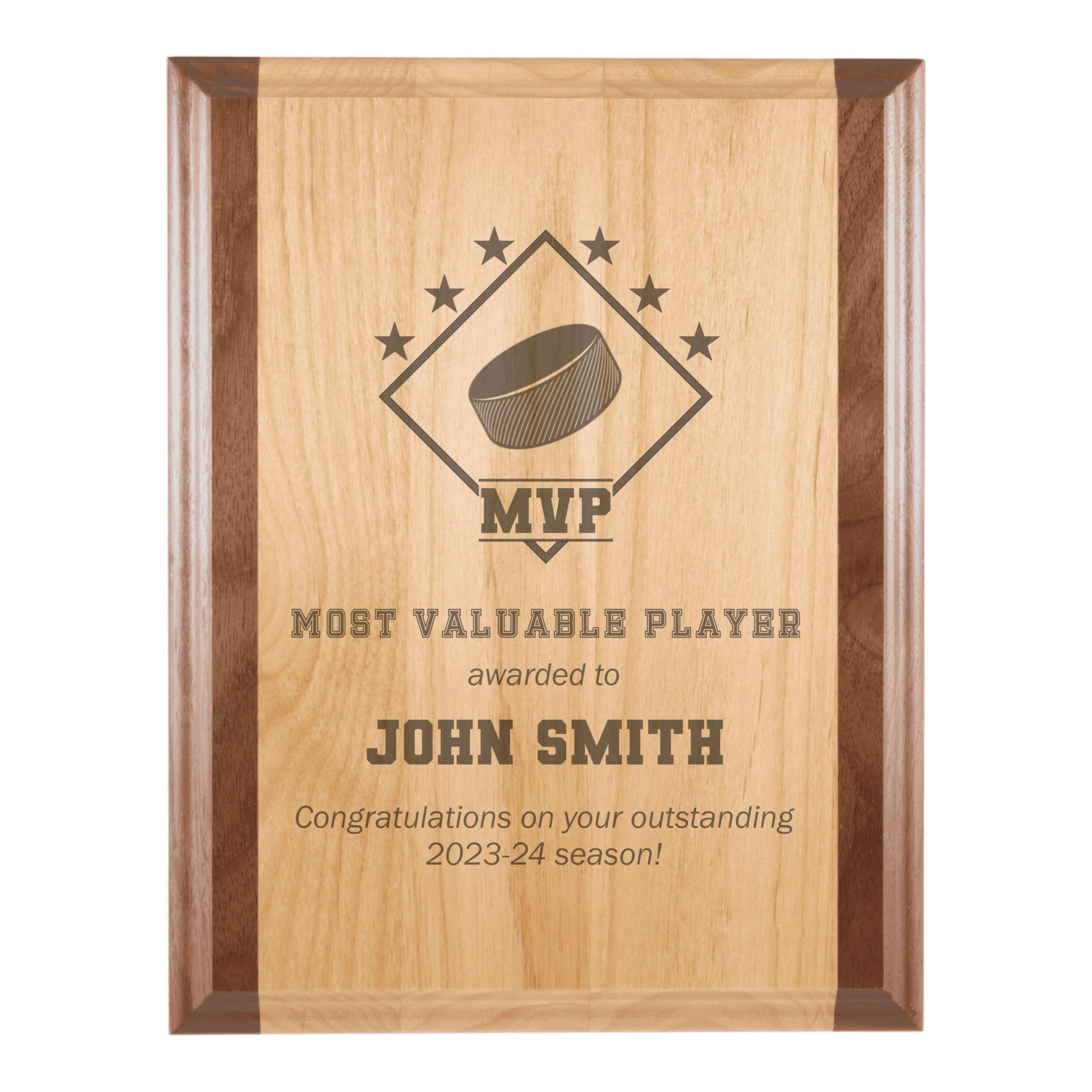 Custom MVP Award for Hockey Player with Personalized Text Sports Gift Ideas for Women or Men Engraved Natural Wood Plaque (9x12 Walnut Trim)