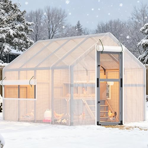 Extra Large Chicken Coop Run, Outdoor Wooden Chicken House Insulated with Waterproof Cover for Winter, 4 Nesting Boxes, Roosting Bars for 10-15 Chickens, Backyard, Farm, 9' x 6' x 6' (Modern Grey)