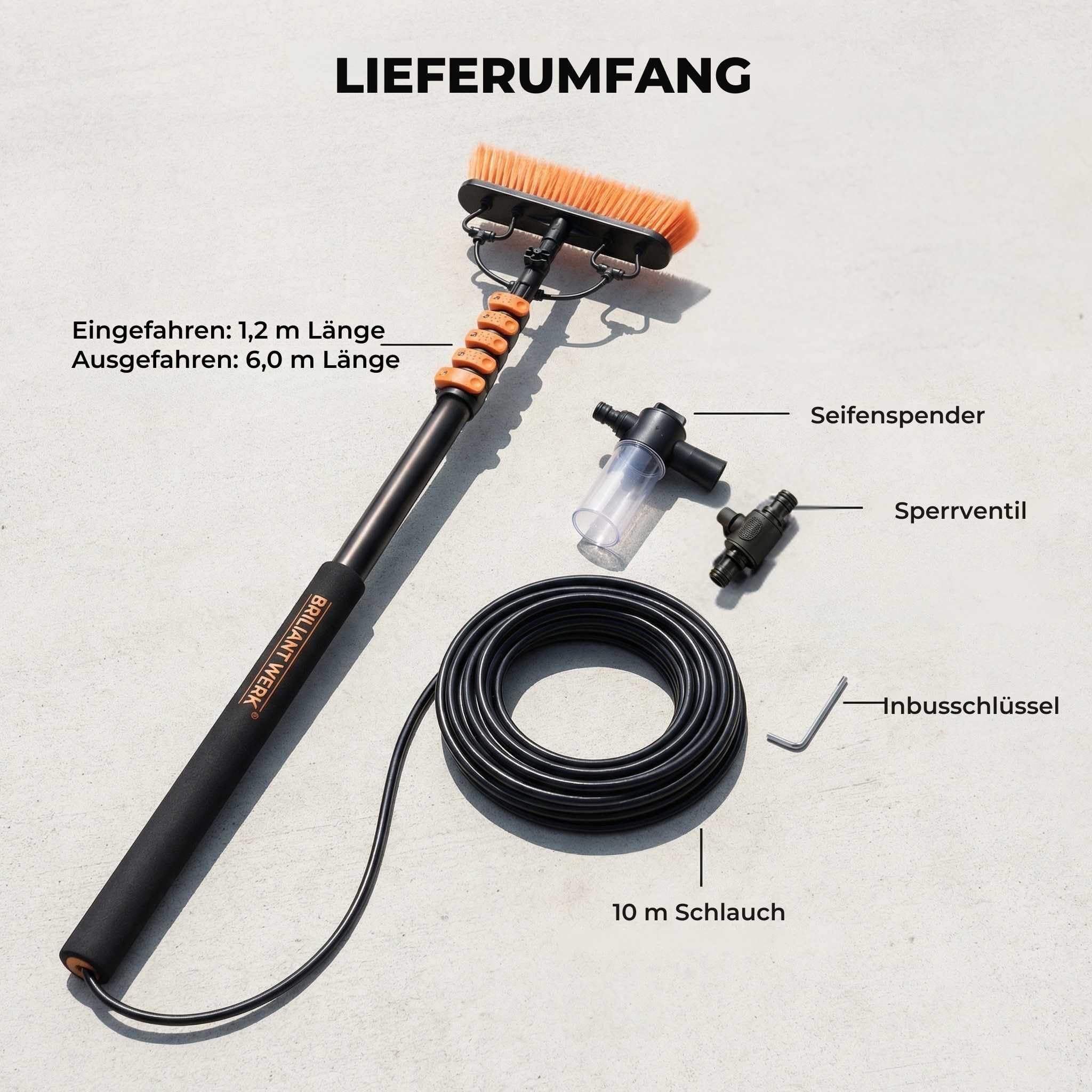 Briliantwerk® Teleskop Waschbürste mit Wasseranschluss | 6 m Reichweite | Wasserbürste für PV Anlage und Solarpanel Reinigung, Wintergarten, Terrassendach, Glasdach und Fensterreinigung