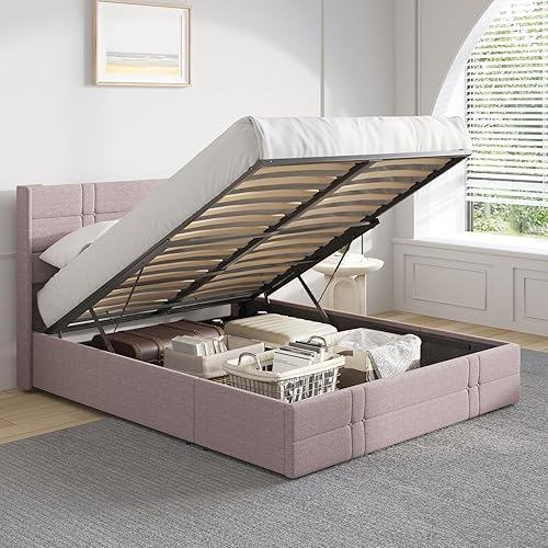 Novilla Cama de almacenamiento elevada tamaño Queen, marco de cama tapizado con almacenamiento, no necesita somier, soporte de listones de madera,
