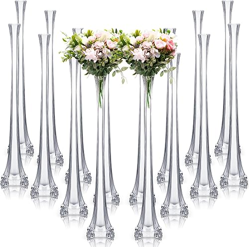 Inbagi 16 jarrones de torre Eiffel a granel para centros de mesa de 20 pulgadas, jarrones delgados transparentes altos y delgados, soporte de flores