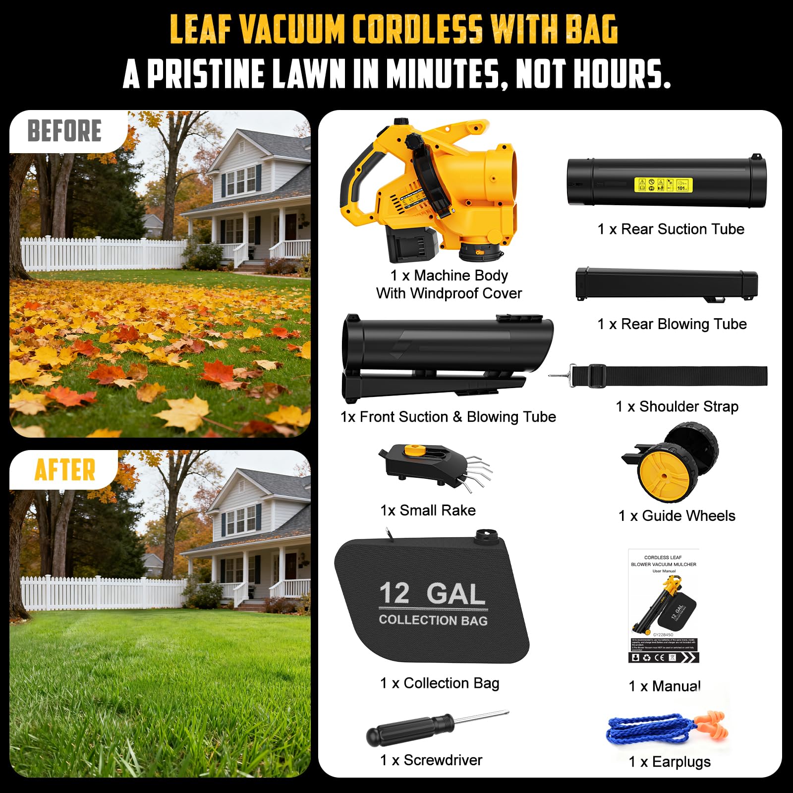 Aspiradora de hojas 3 en 1 inalámbrica con bolsa compatible con batería Dewalt de 20 V, trituradora de hojas eléctrica mejorada y aspiradora de hojas con bolsa de 45 L/12 galones, sopladores de hojas