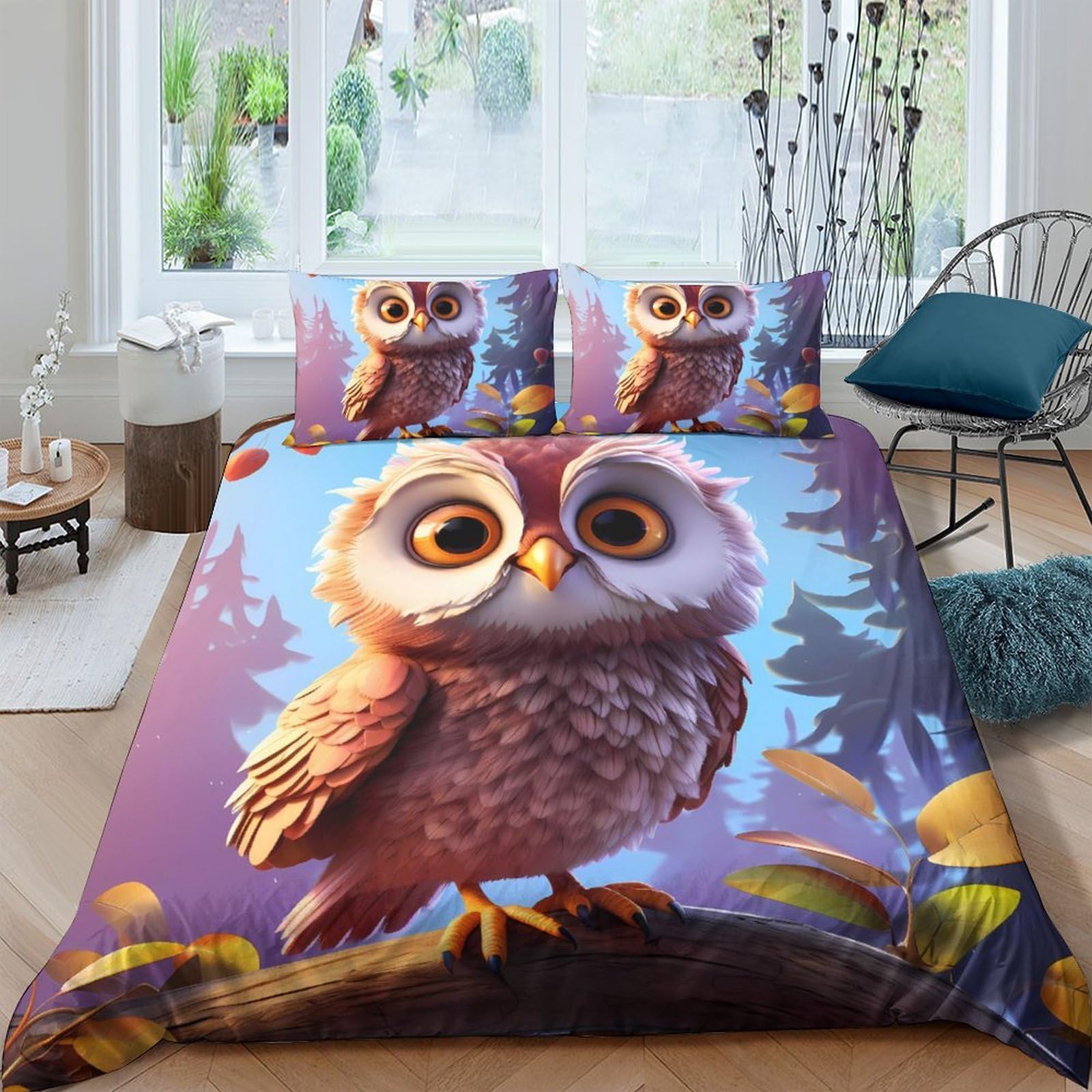 TUFRTGYHN 3D Printed Cute Owl Duvet Cover Microfiber Soft Breathable Forest Animal Bedding Set with 2 Pillowcases for Bedroom Home Decor Single（135x200cm）