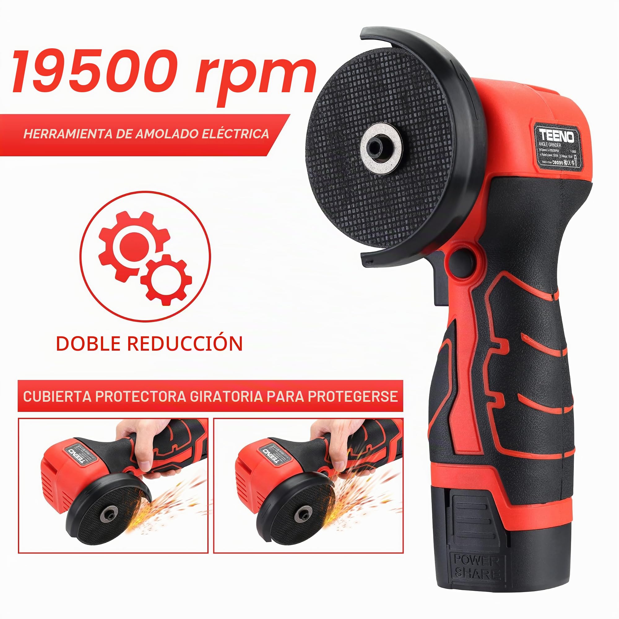 Amoladora Angular Inalámbrica TEENO 19500 RPM, Radial de Batería 76mm con 2 Baterías 2000mAh, Mini Amoladora Profesional + 6 Discos Corte, Kit Completo (Caja Plástica) - Para Esmerilar, Pulir, Cortar
