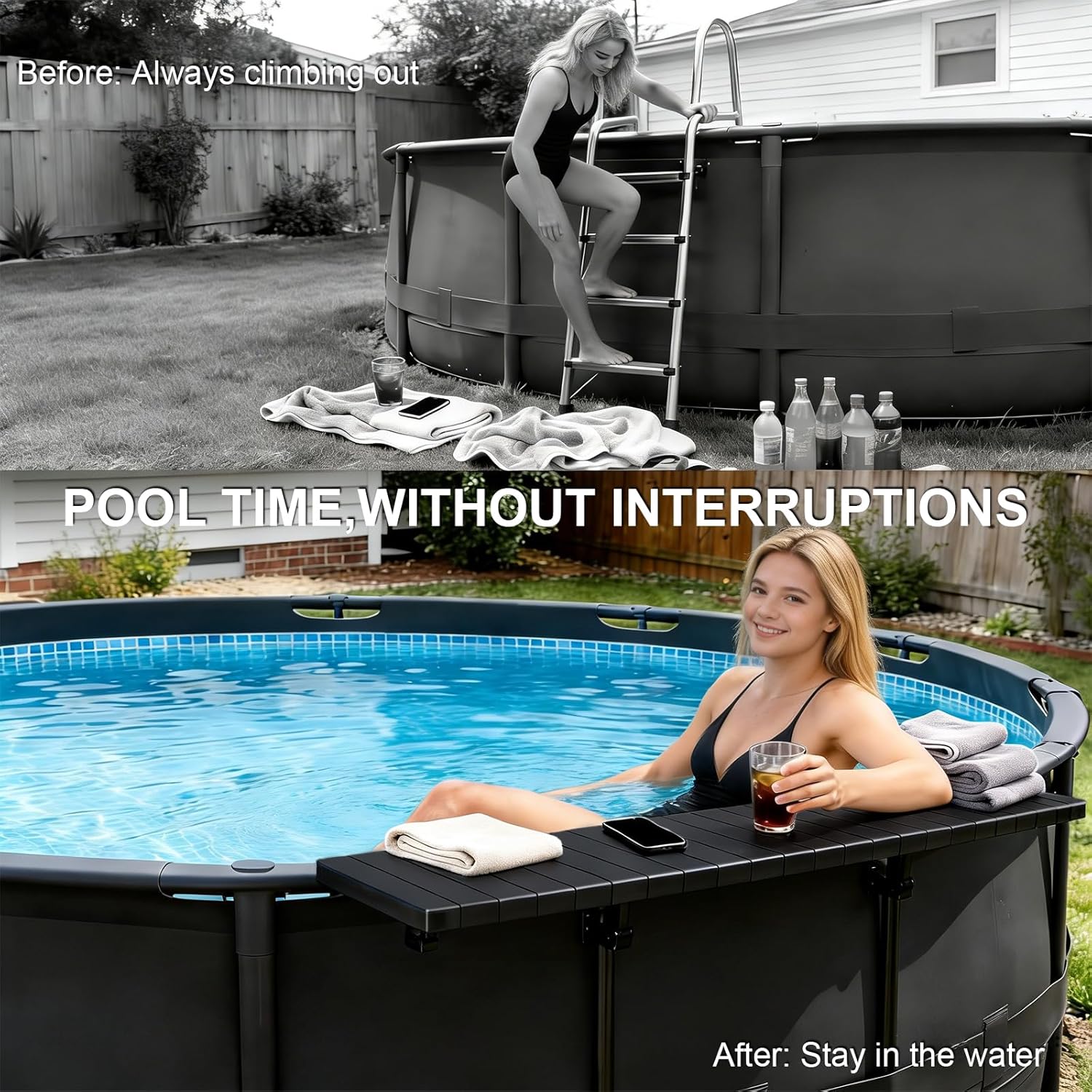Poolside Bar Table for Above Ground Pool, 49.4x9.6 Outdoor Hanging Swim-Up Table, Holds 110 lbs, Weather-Resistant Easy-Clean, Fits Round/Oval Pools Swimming Pool Accessories, Black
