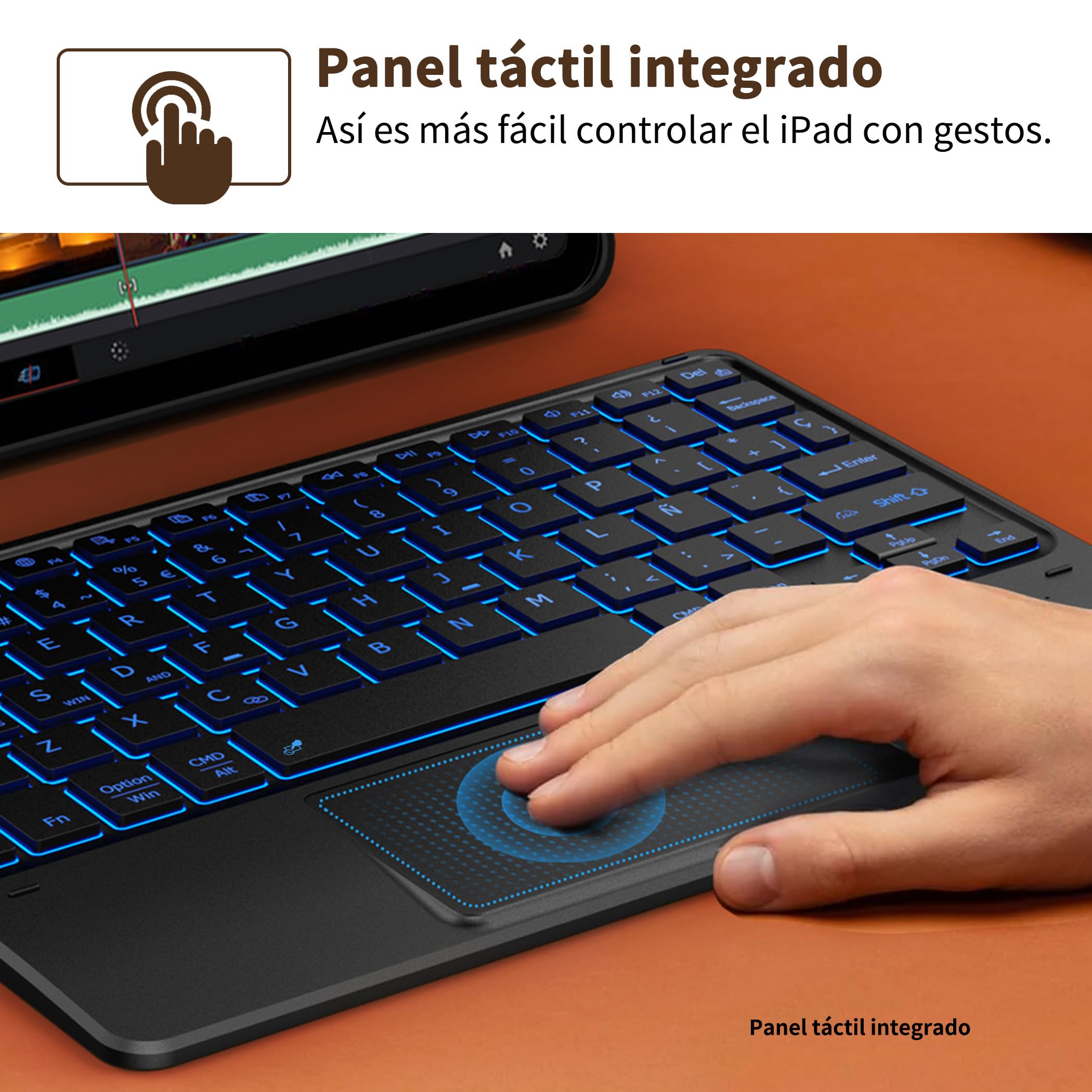 CACOE Teclado con TouchPad Bluetooth Inalámbrico de 10 Pulgadas, [Español] Delgado y Ligero Retroiluminado para iPad, Android Samsung Tablet, Xiaomi Pad, Huawei, Lenovo, Negro