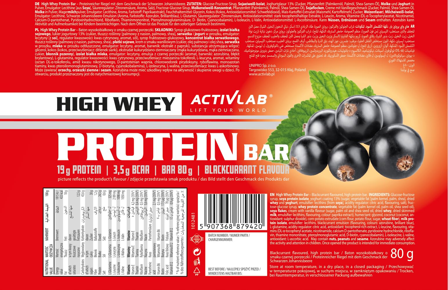 Baton proteinowy Activlab High Whey Protein 24 x 80 g – czarna porzeczka, 19,6 g białka, L-glutamina, BCAA, witaminy E, B1, B2, B6, B12, biotyna, do stosowania przed i po treningu