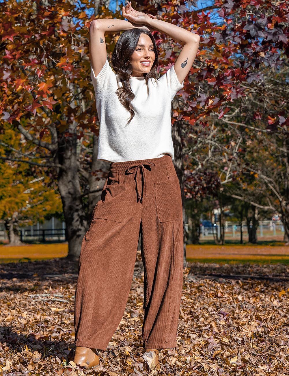 TARSE Women’s Corduroy Pants Baggy Wide Leg Pants Casual Elastic Waisted Palazzo Harem Pants with Pockets - Image 3