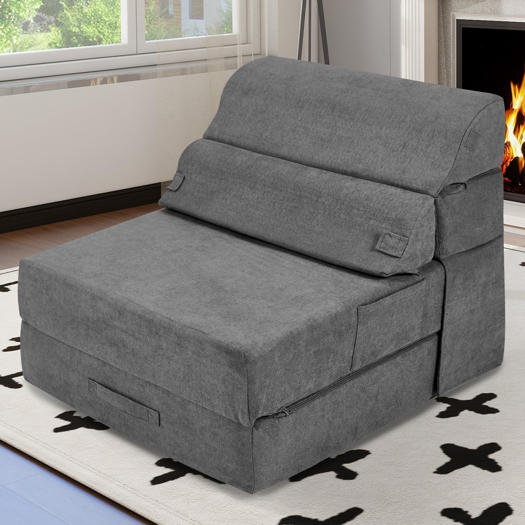 Cómodo sofá cama plegable – Sofá cama convertible gris plegable para sala de estar, dormitorio, invitados, silla plegable de suelo, colchón tumbona con respaldo para viajes, camping 8