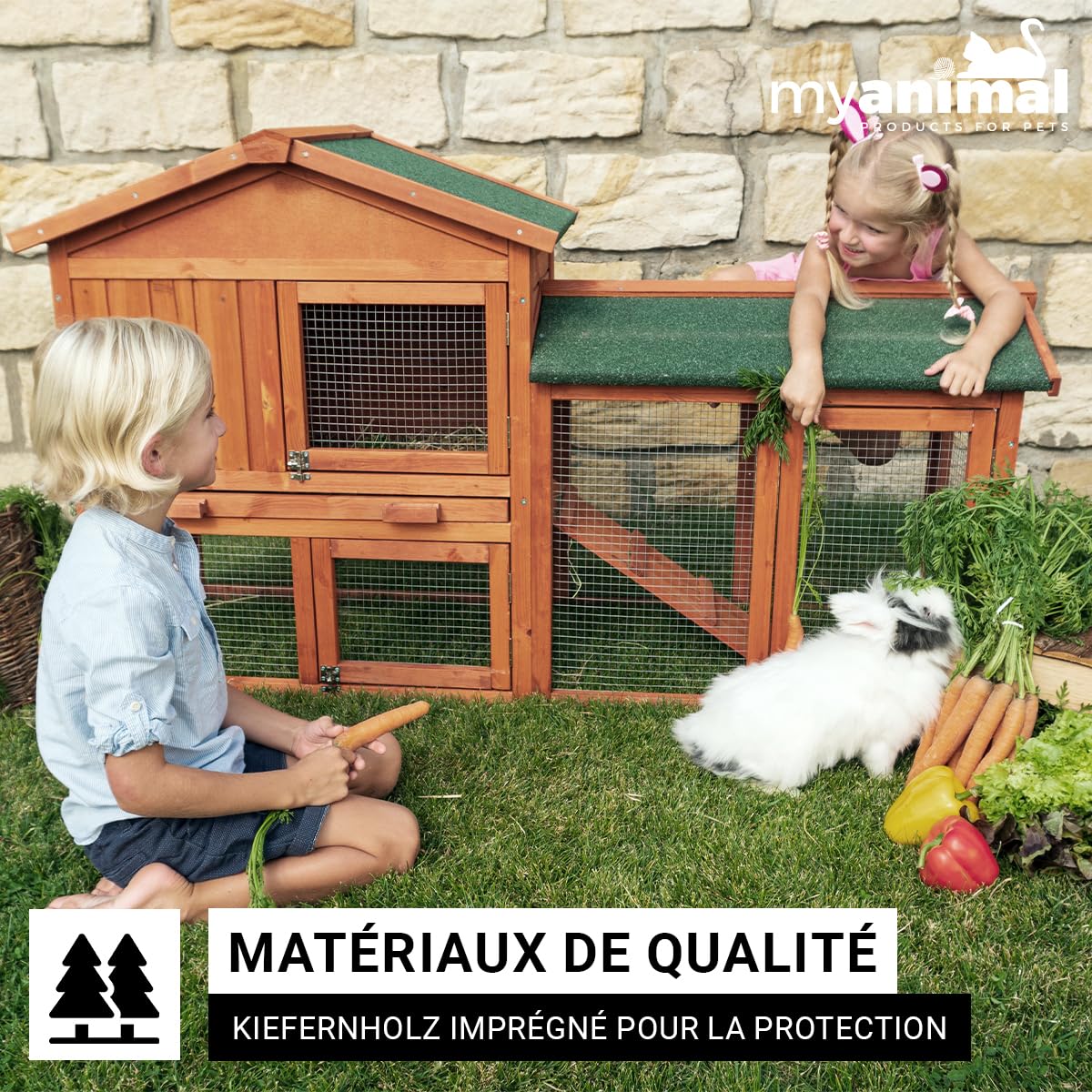 Miweba MyAnimal Clapier Lapin MH-03 | Extra Large avec 66 cm - Maison à Deux étages - Cage pour Lapin - Bois de pin - Polyvalent - Résistant à l'hiver - 2 Niveaux (Brun)