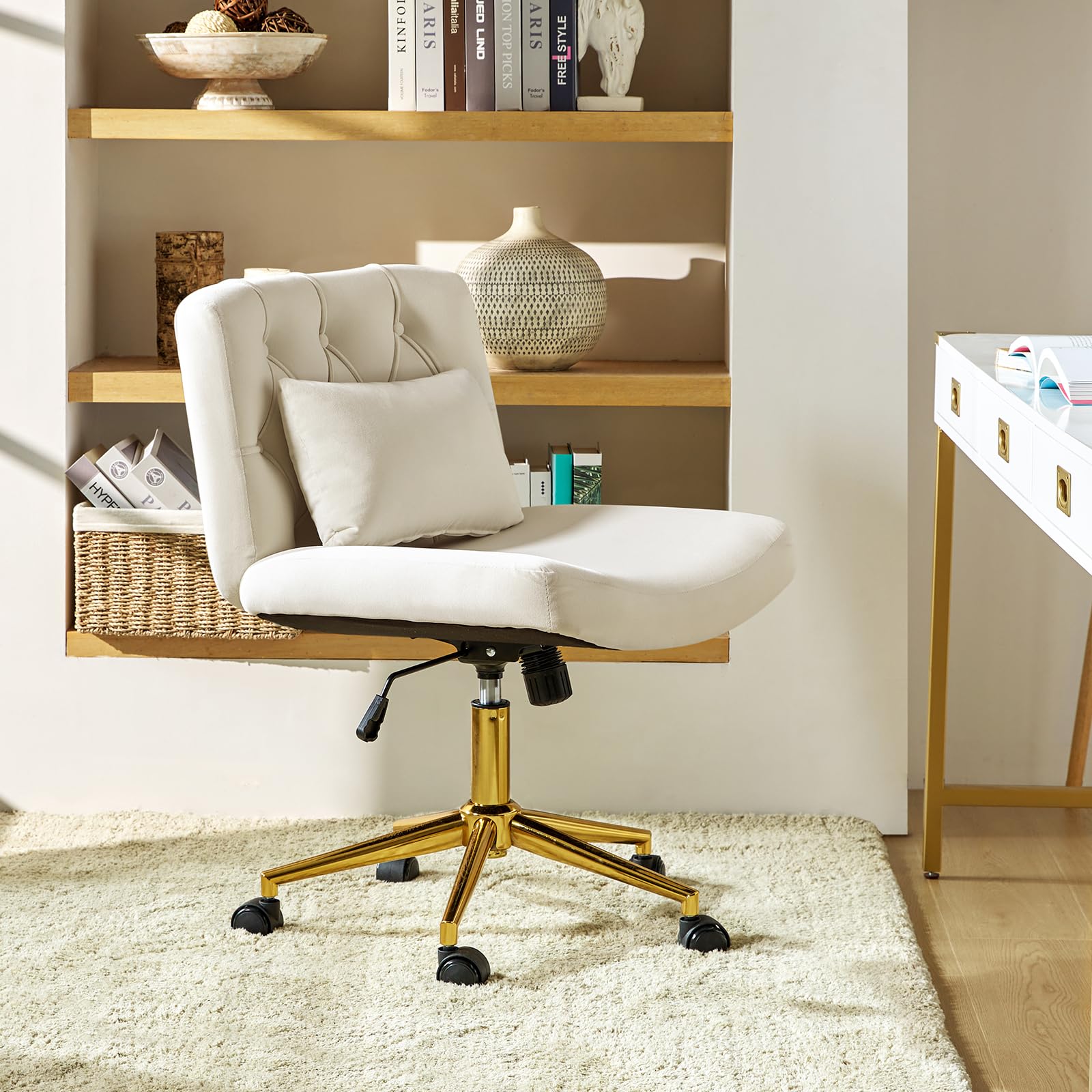 HULALA HOME Vanity Chair with wheels Criss Cross Legged Armless Adjustable Height Velvet Swivel Chair for Home Office Bedroom