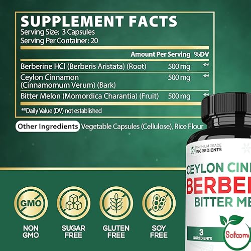Miniatura 2 de Suplemento de berberina de 1500 mg con corteza de canela de Ceilán orgánica y melón amargo - Fórmula especial 3 en 1 para el sistema inmunológico,