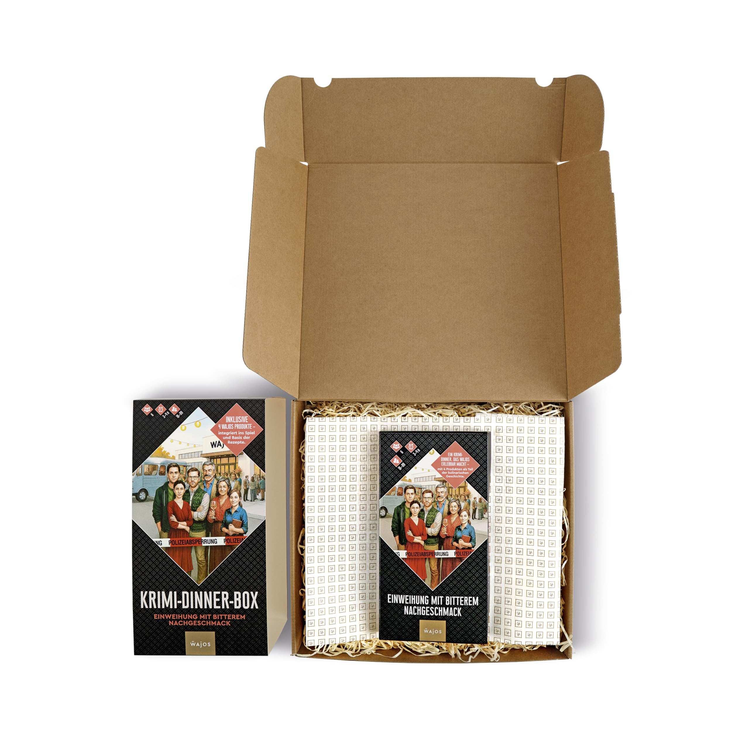 Krimi Dinner für zuhause: Wajos Krimi Dinner „Einweihung mit bitterem Nachgeschmack“ für 6 Personen inkl. Menü & 4 Feinkost-Produkten, Krimi Dinner Box für Genießer mit Spürsinn
