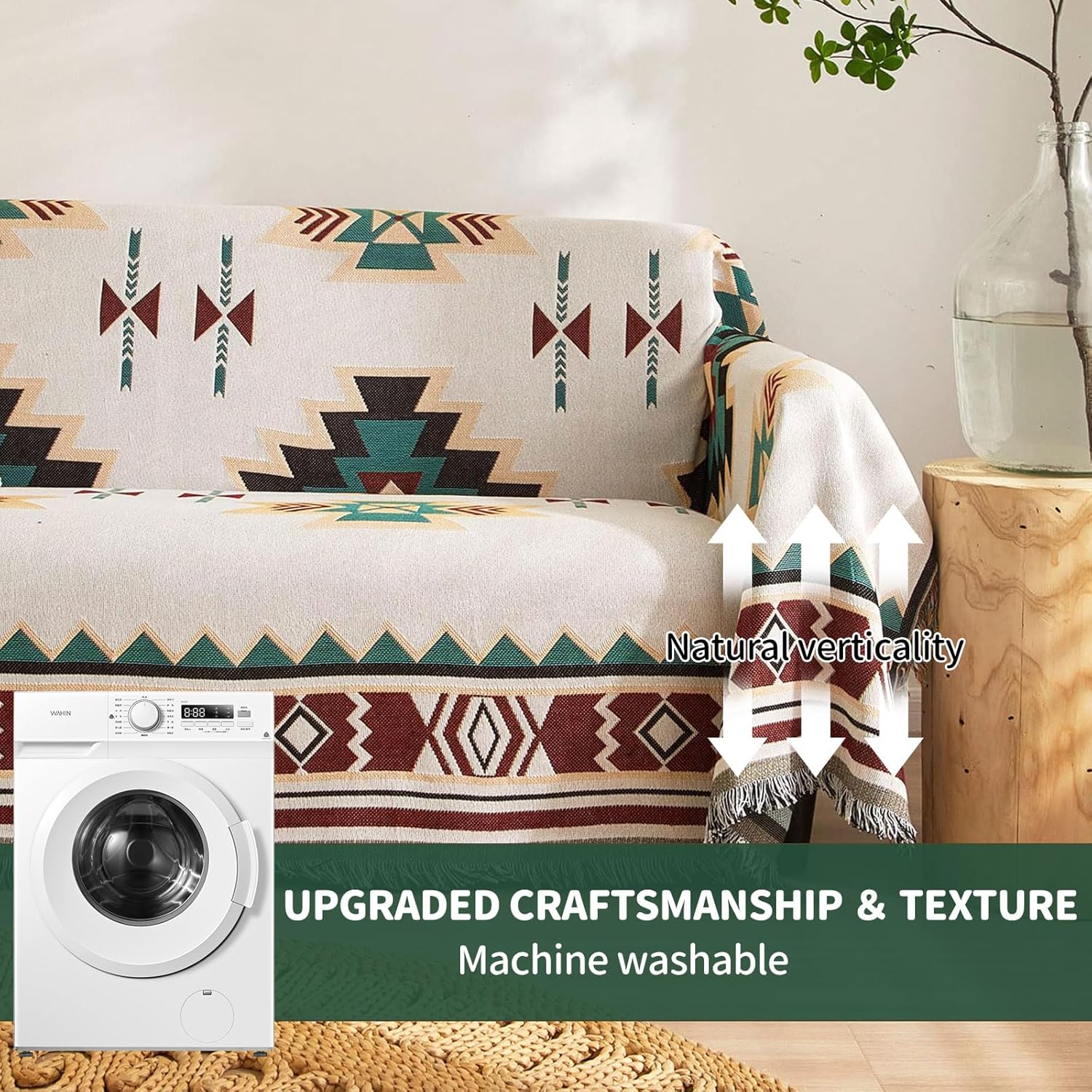 ROOMLIFE Aztec Boho Couch Cover Blanket Farmhouse Home Decor Sofa Covers for Loveseat 2/3 Cushion Couches Pet-Friendly Washable Anti-Slip Sofa Slipcovers Furniture Protector with Tassels, 71'' X102''