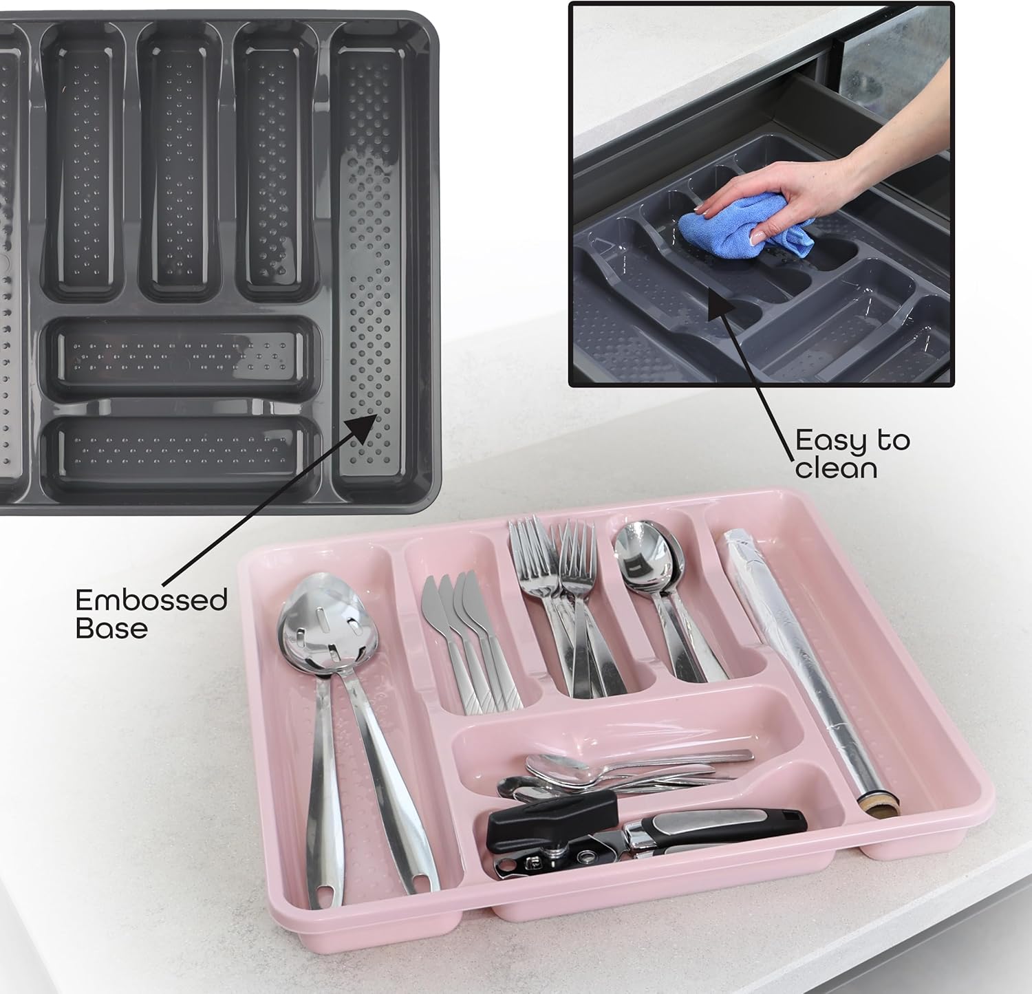 Cutlery Tray Kitchen Drawer Organiser 7 Compartments Utensil Spoon Fork Holder Silverware Flatware Storage Rack (Transparent)