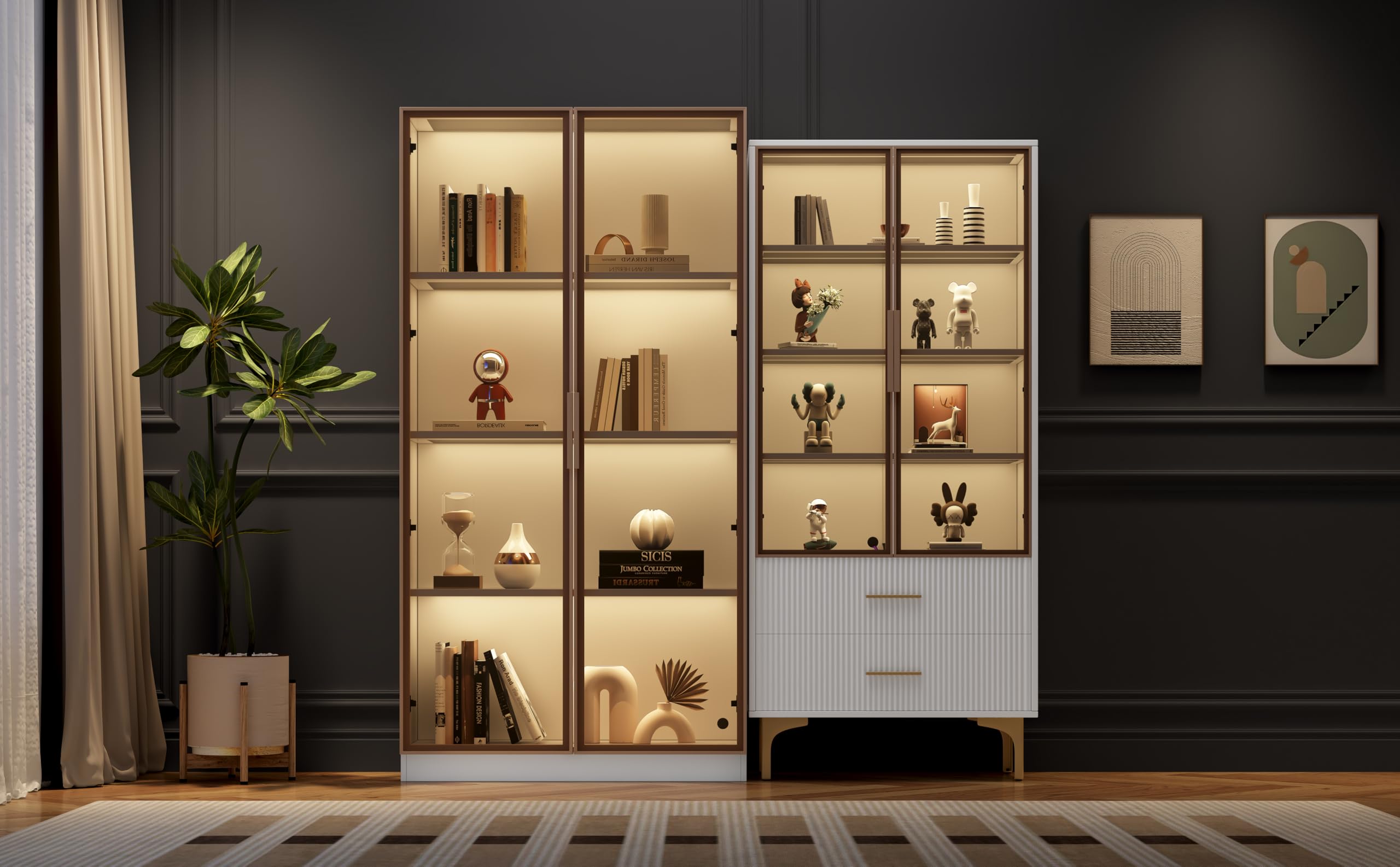 Lot de 2 vitrines en verre avec éclairage LED pour salon, avec portes en verre, panneaux de particules, blanc/platine, 80 x 40 x 160 cm + 70 x 35 x 150 cm