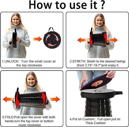 Miniatura 8 de ALEVMOOM Taburete plegable XXL actualizado 2026 de 19.7 pulgadas con cojín, 1000 libras de peso máximo, taburete telescópico portátil resistente,