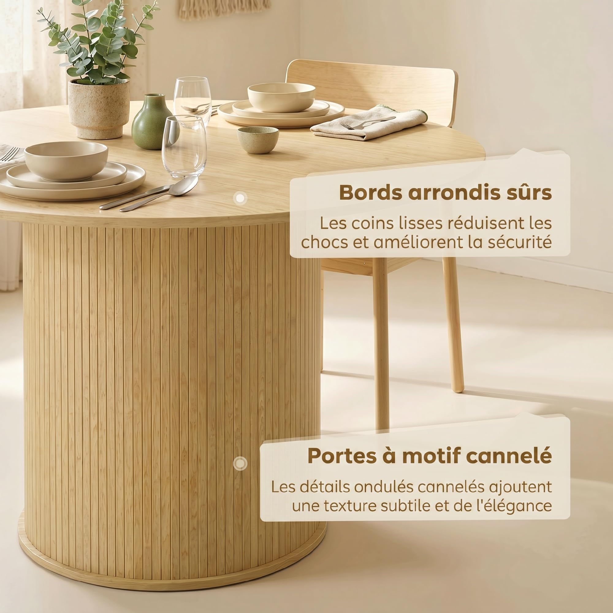 HOMCOM Table à Manger Ronde pour 4-6 Personnes Ø 120 x 75 cm Bois Naturel | Table de Cuisine Moderne, Large Plateau, Base Cylindrique Cannelée, pour Salon, Salle à Manger