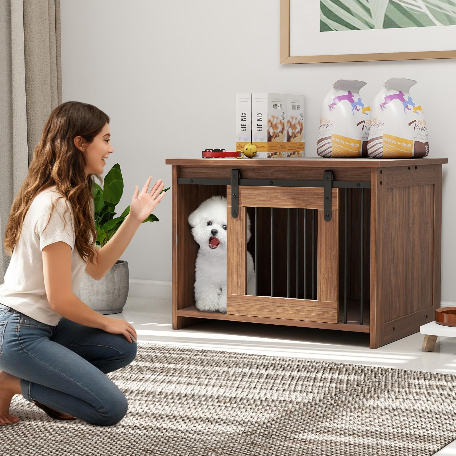 COSTWAY Jaula para Perros Medianos, 80x60x60 cm, Muebles de Jaula para Perros con Puerta Corrediza, Tubos Metálicos a Prueba de Masticar, Mesa Auxiliar Perrera para Mascotas Pequeñas Medianas (Marrón)