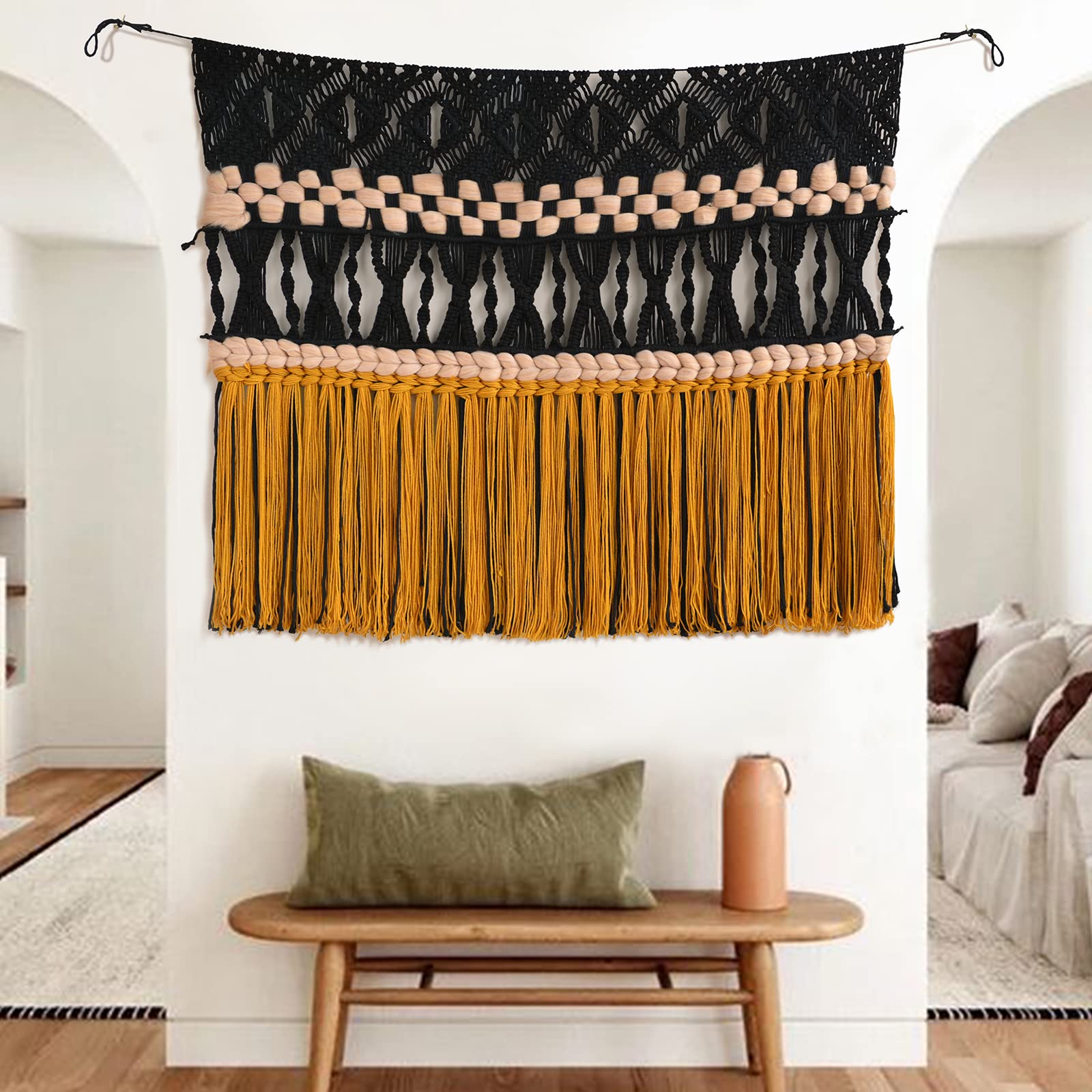IOWERMacrame Wall Hanging Black Woven Macrame Wall Decor Boho Wall Decor Handmade Home Room Decor 47" W*35" L