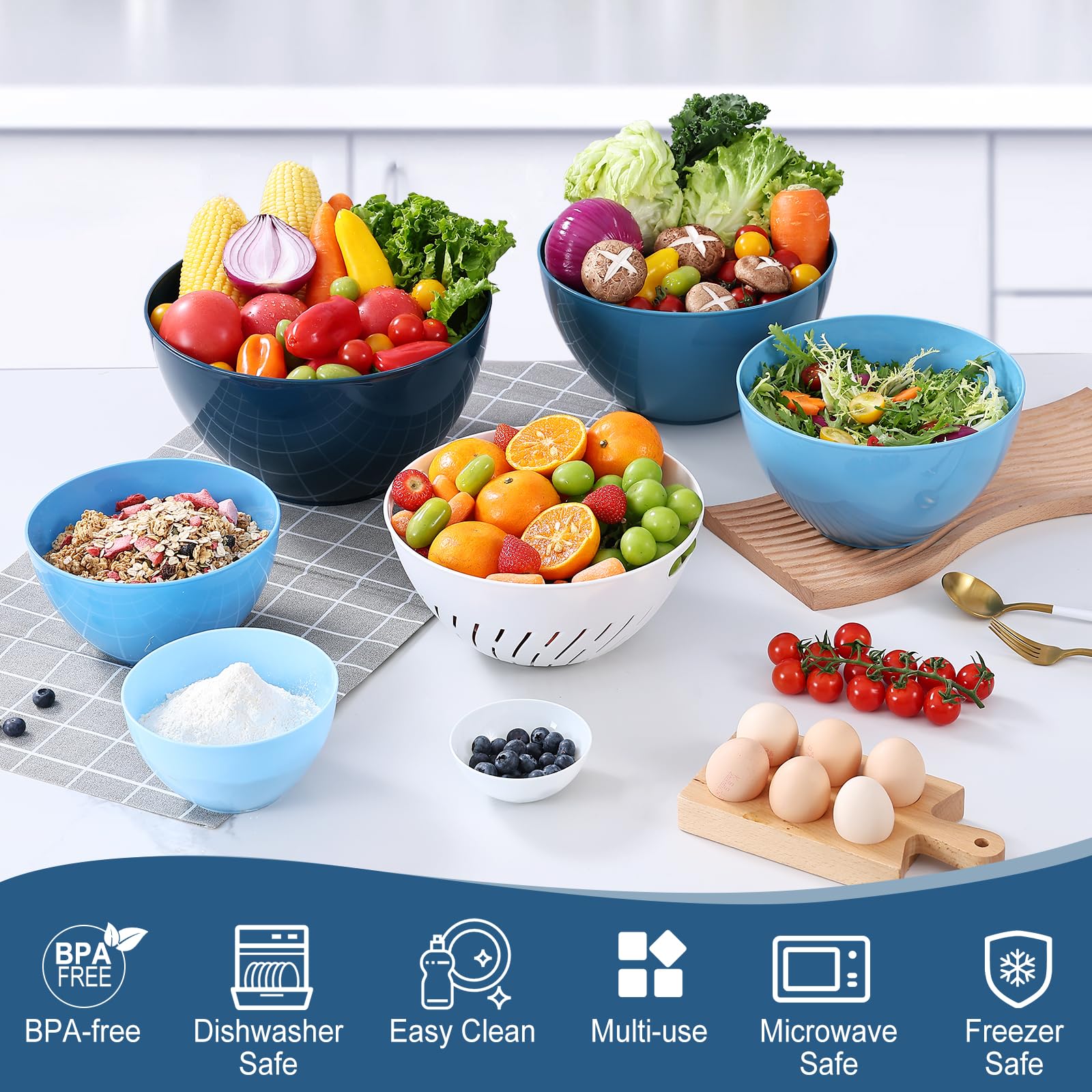 Luxear Juego de 7 Cuencos Cocina con Tapas A Prueba de Fugas y Cesta de Drenaje, Ensaladera de Plástico con Tenedor Y Cuchara, Reutilizables para Microondas, Frigorífico, Oficina, Picnic