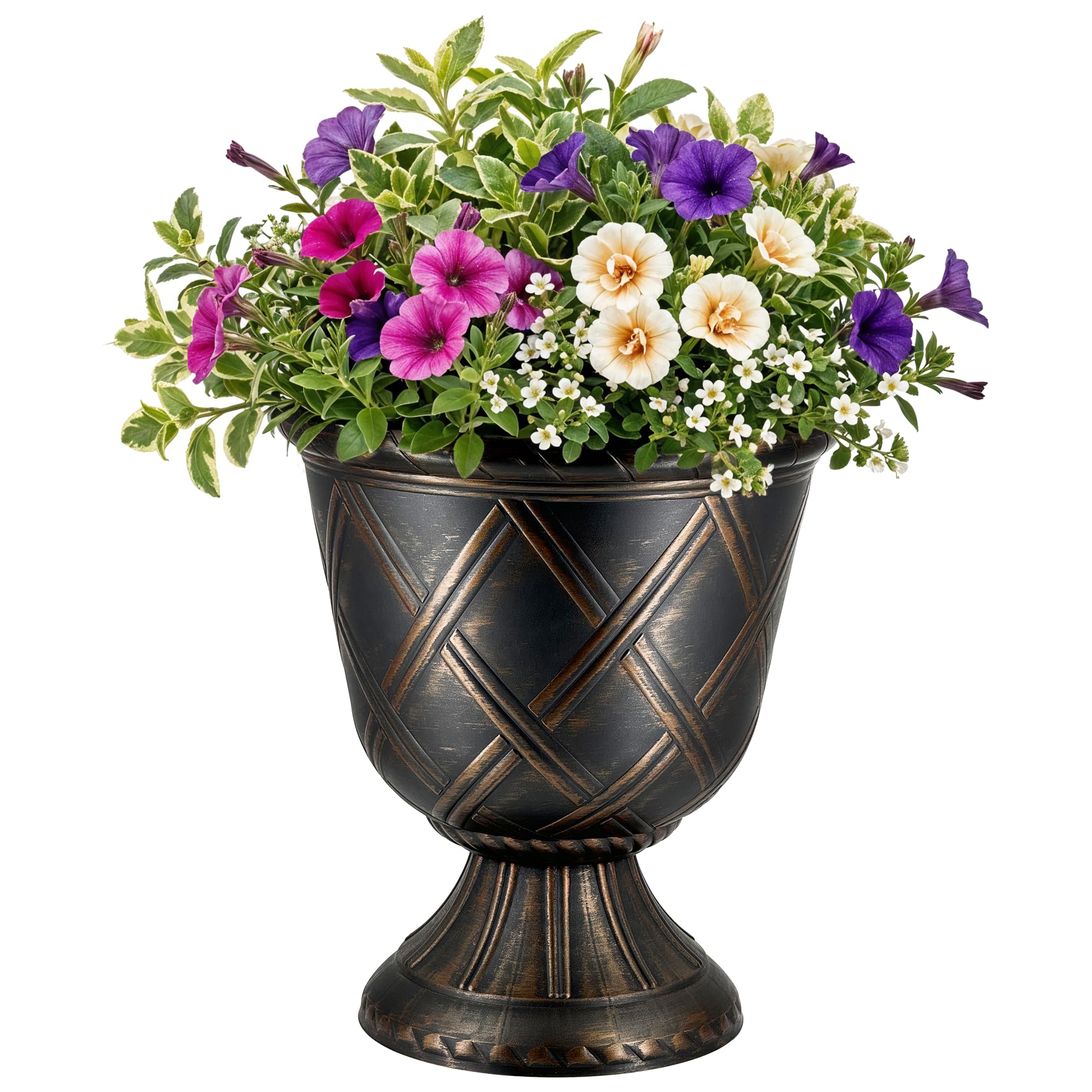 Sg Traders Black Copper Large Urn Plant Pot Stand, Flower Pots Outdoor Garden Planters, Indoor Plant Pot, Tall Planter With Drainage Holes, Strong Plastic Patio Home Plants, Black With Copper Planters, D43 X H49cm