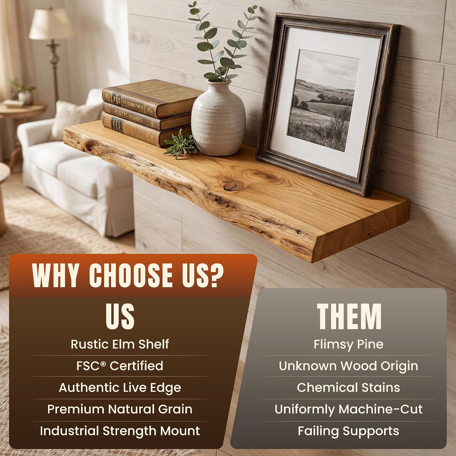 24" Live Edge Floating Shelves, 1.4" Extra Thick Solid Elm Wood Wall Shelf (Set of 2), 9.3" Deep Heavy Duty Storage for Kitchen, Coffee Bar & Living Room, Artisan Natural Finish