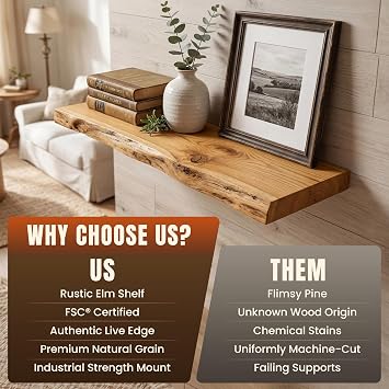40 Live Edge Floating Shelf, Solid Elm Wood Wall Shelf