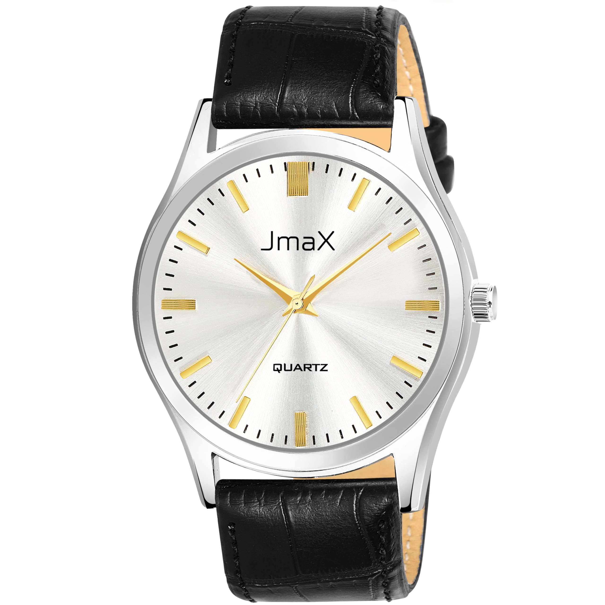 JmaxMen's Luxury Silver Dial Analog Watch with Black Leather Strap,Classic Wristwatch with Quartz Movement, for Casual & Business Wear, Golden Watch for Men