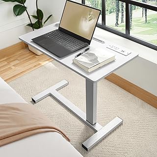 Naomi Home Tamara Adjustable Overbed Bedside Table with Wheels – Heavy-Duty Rolling Laptop Table with USB & C-Type Charging, Cup Holder and Hidden Casters (Hospital and Home Use) - White,White