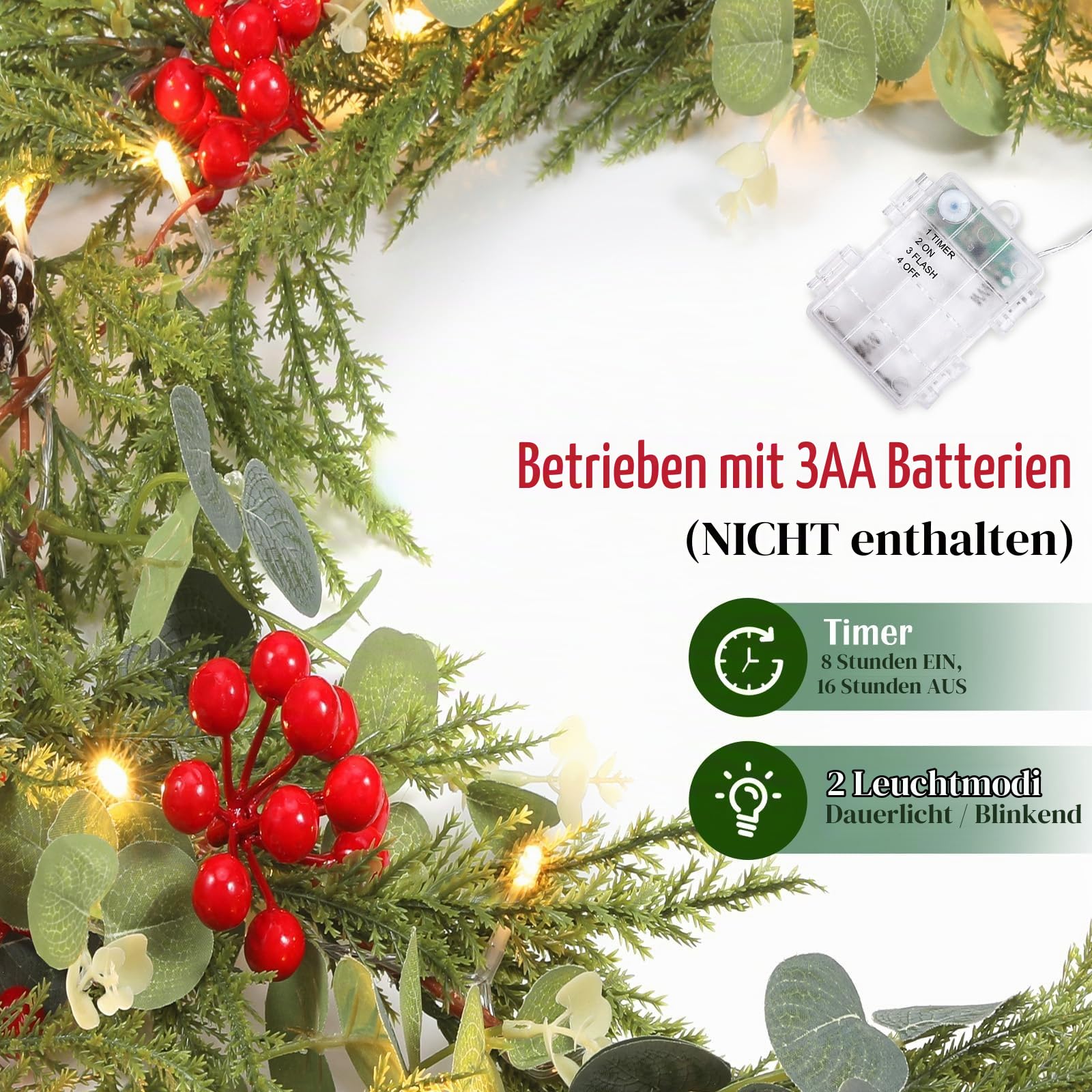 Lewondr Weihnachtsgirlande mit Beleuchtung, 2,7m 30LED Warm Batteriebetrieben Girlande Lichter mit Timer, Weihnachtsdeko Innen für Treppen Geländer Kaminsims, Künstliche Eukalyptus Girlande