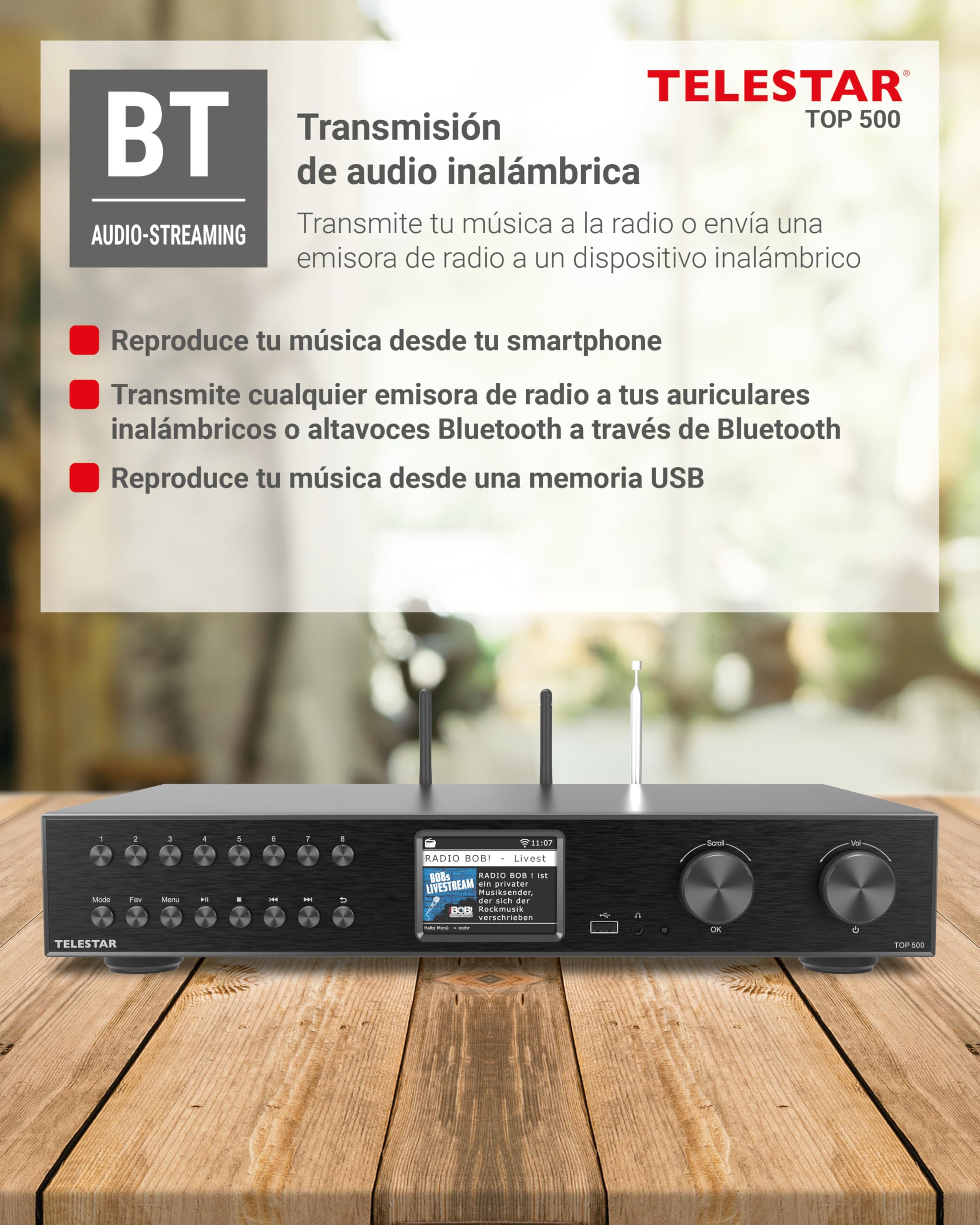 TELESTAR Top 500 – Sintonizador HiFi de 43 cm de Ancho – Negro | WiFi 2,4 & 5 GHz, radio por Internet/DAB+, streaming, Bluetooth audio RX/TX, modo hotel, grabación USB
