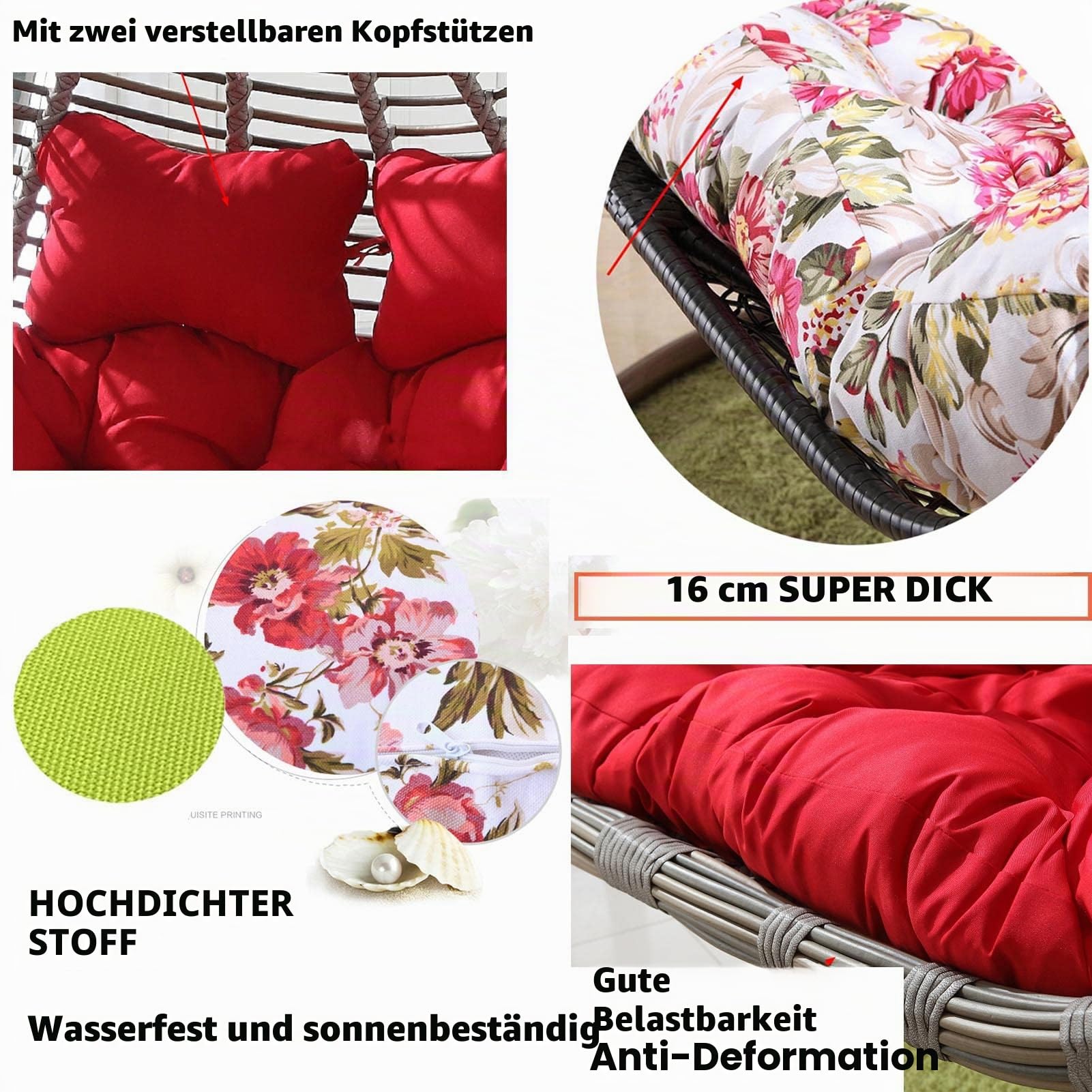 Hängesessel mit Eierkissen, Doppelhängeschaukel, weiches, tiefes Kissen, 2-Sitzer-Schaukel, mit Bändern, vollständig gefüllt, faltensicher