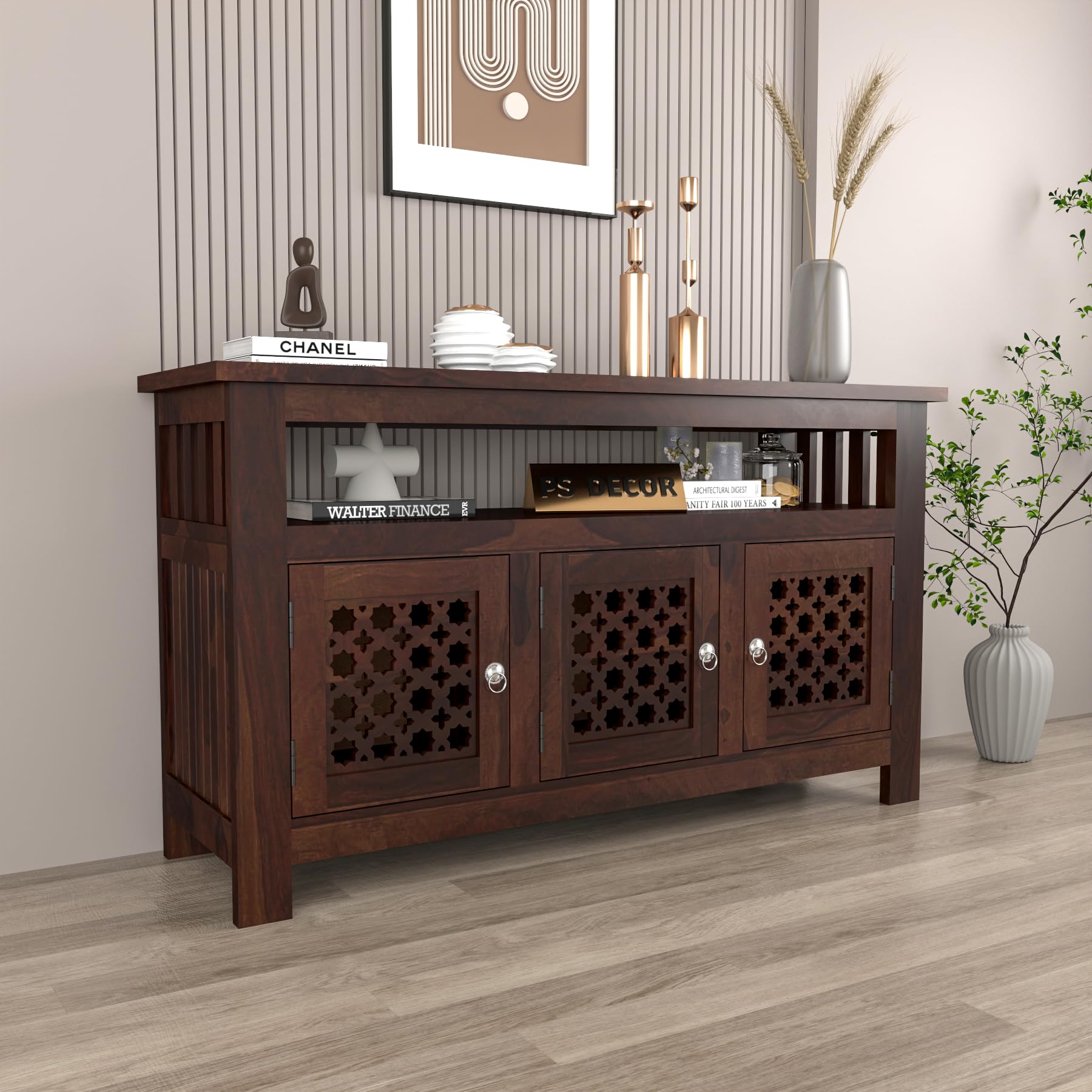 Solid Sheesham Wood TV Unit Cabinet with Carved Doors | Wooden Entertainment Unit for Living Room | Multipurpose Sideboard for TV, Decor & Home Organization (Walnut Finish)-image-34