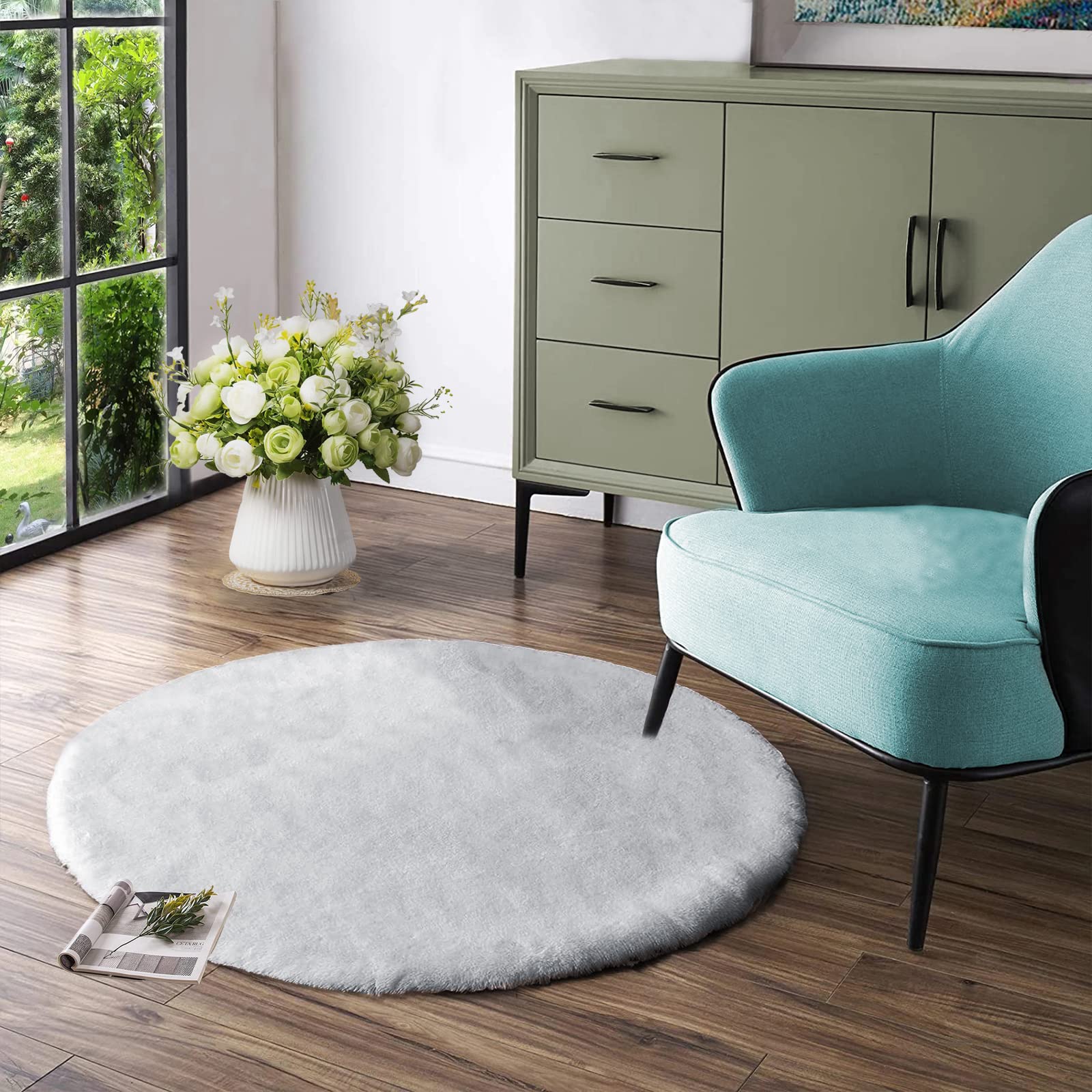 Latepis Grey Fluffy Round Rug 3ft Circle Area Rug Faux Fur Rug Washable Rabbit Rug Gray Furry Shag Rug Round Carpet for Living Room Bedroom Nursery Kids Room Chair