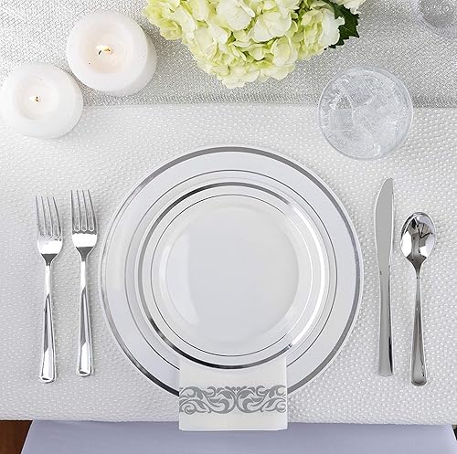 Miniatura 8 de Platos de plástico desechables de 125 piezas de color blanco y azul con cubiertos, vajilla elegante para bodas, fiestas de vacaciones, China, juego